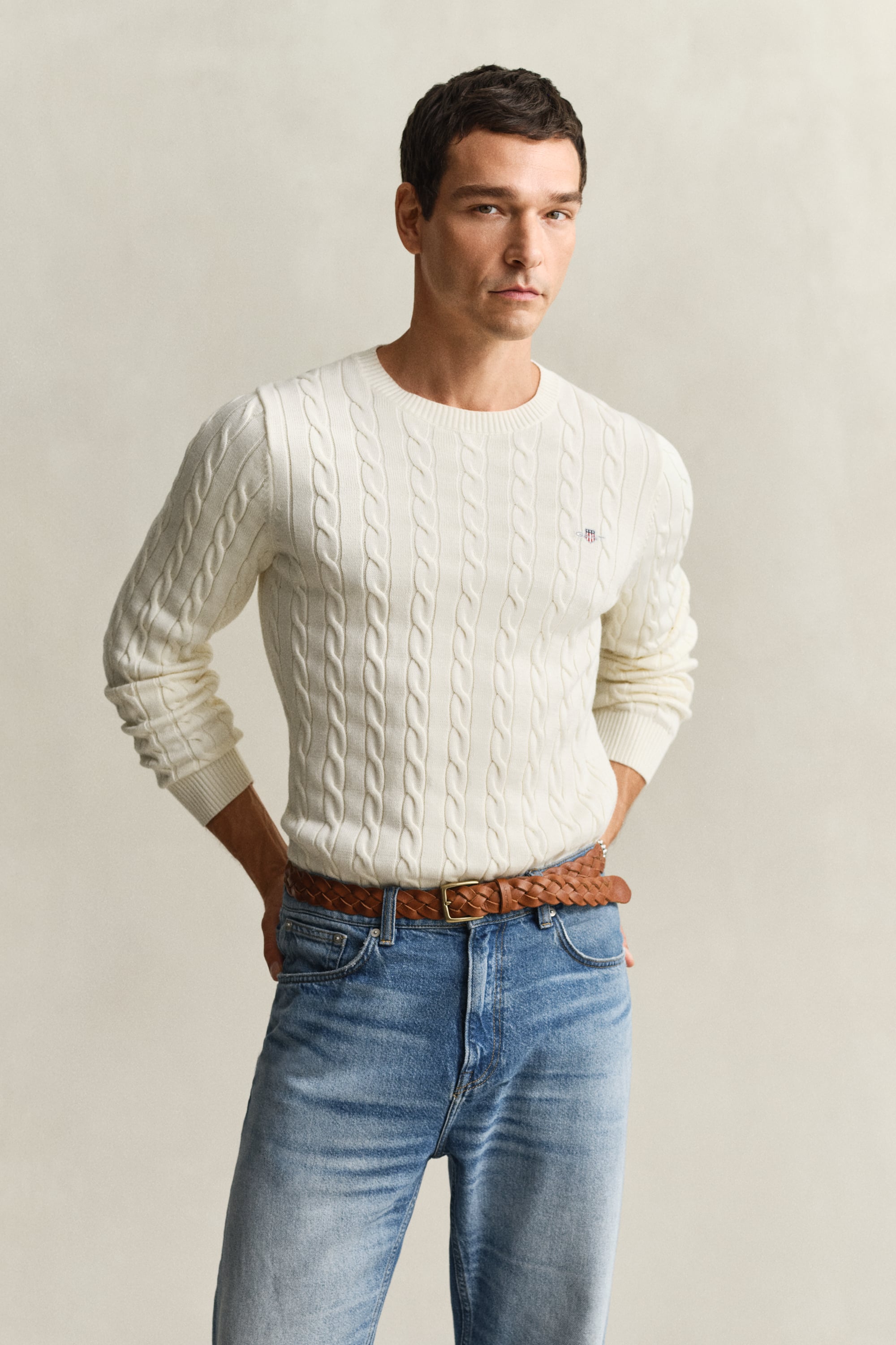 Gant Men's White Cotton Cable Knit Crew Neck Sweater (Xl) Cream