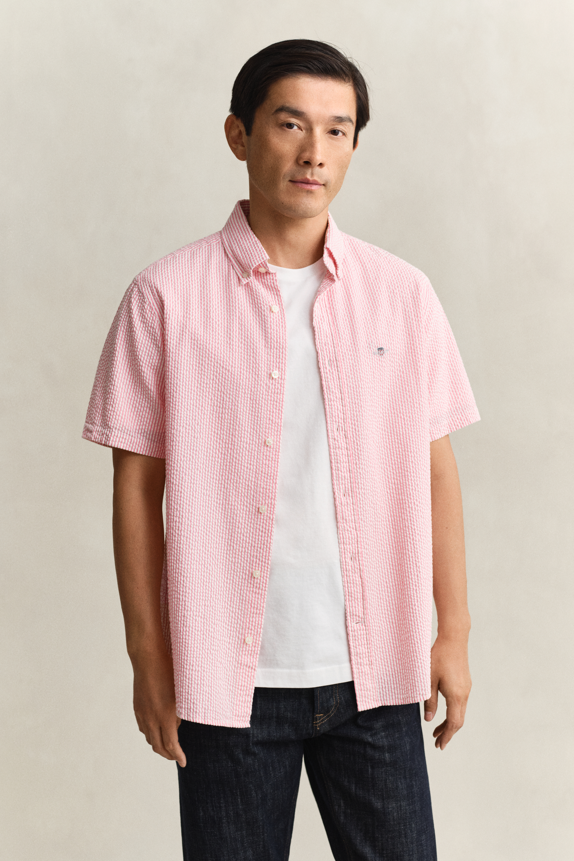 Gant Men's Rose Pink Striped Seersucker Short Sleeve Shirt (Xxxl)
