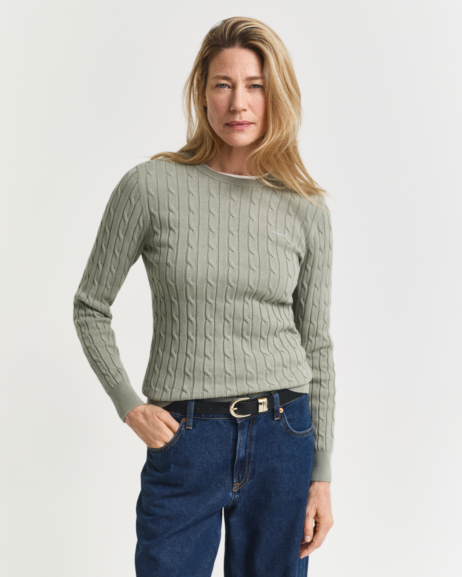 Gant Women's Stretch Cotton Cable Knit Crew Neck Sweater (L)