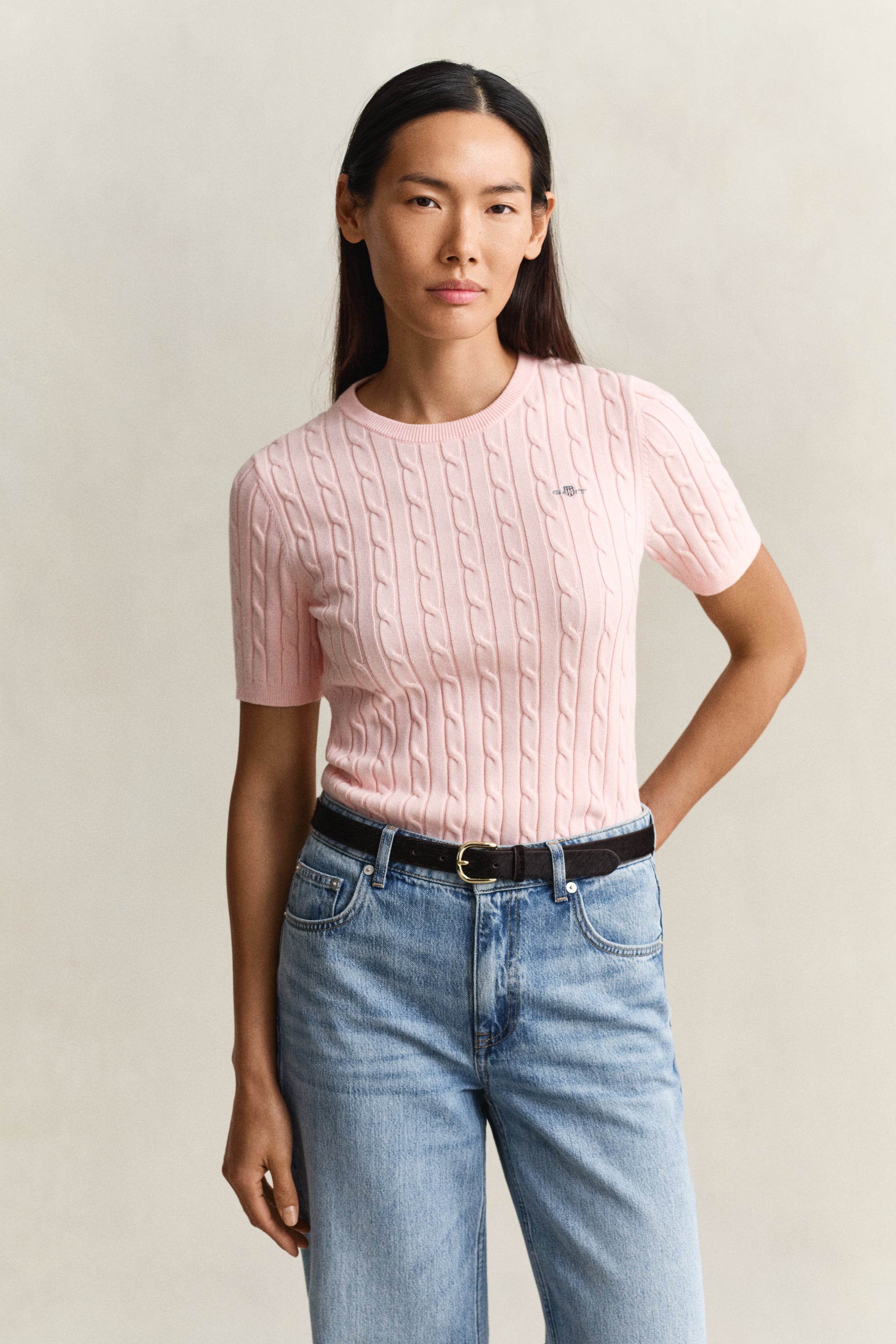 Gant Cable Knit Short Sleeve Sweater In Pink