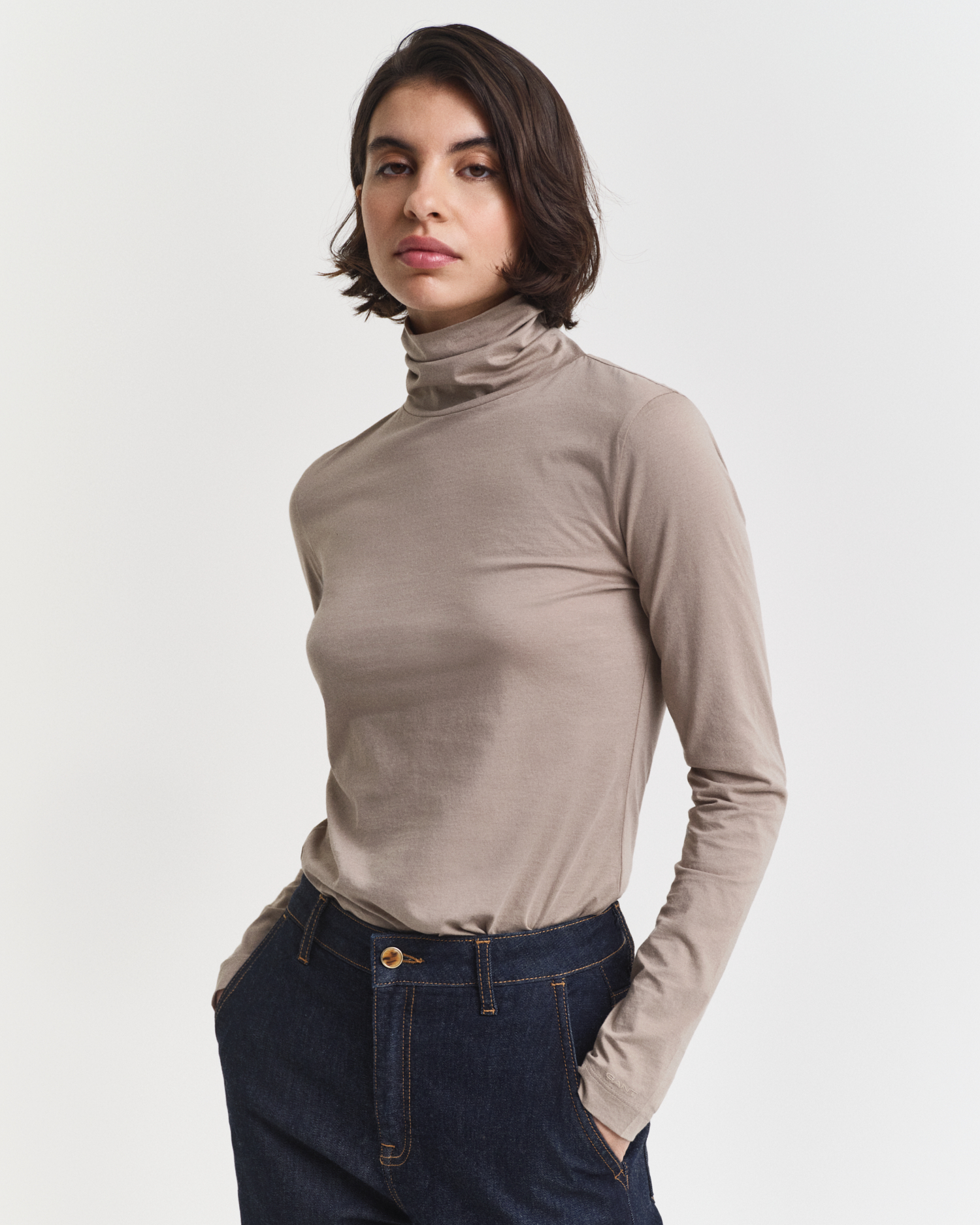Gant Women's Beige Lightweight Cotton Turtleneck Top ) Brown Xxl