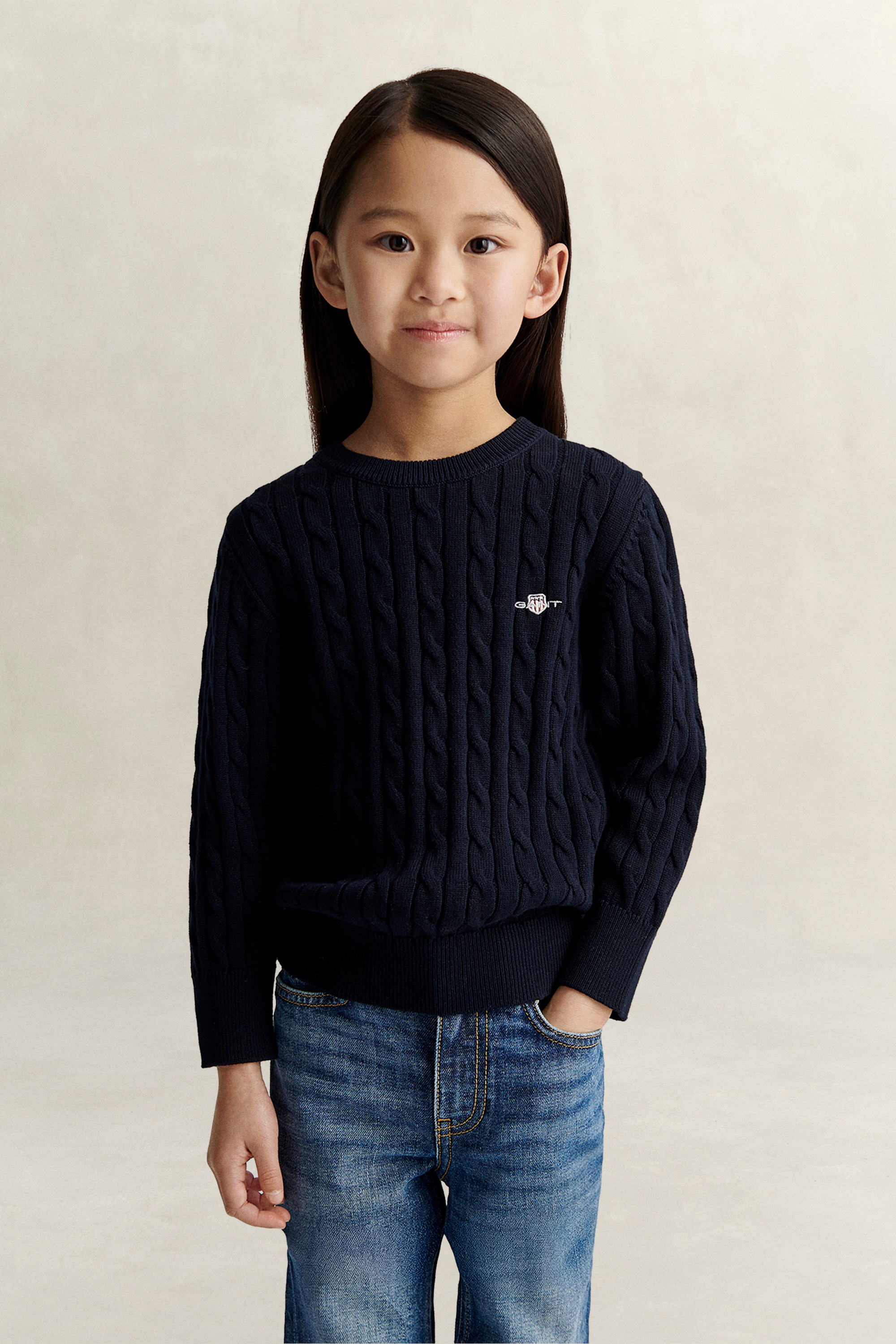 Gant Girls Navy Kids Shield Cable Knit Sweater (122) Evening Blue