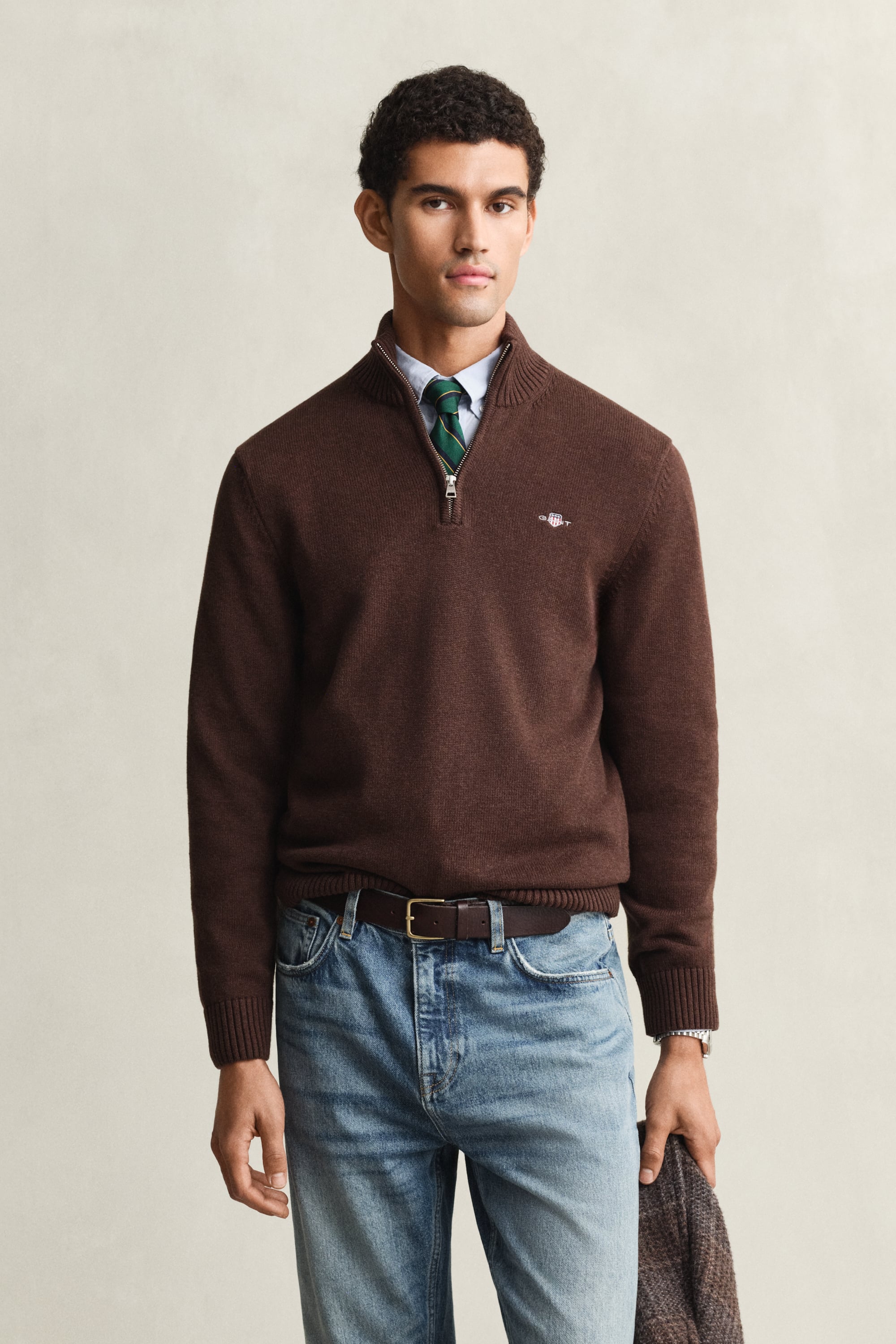 Gant Men's Brown Casual Cotton Half-Zip Sweater (Xxxl) Melange