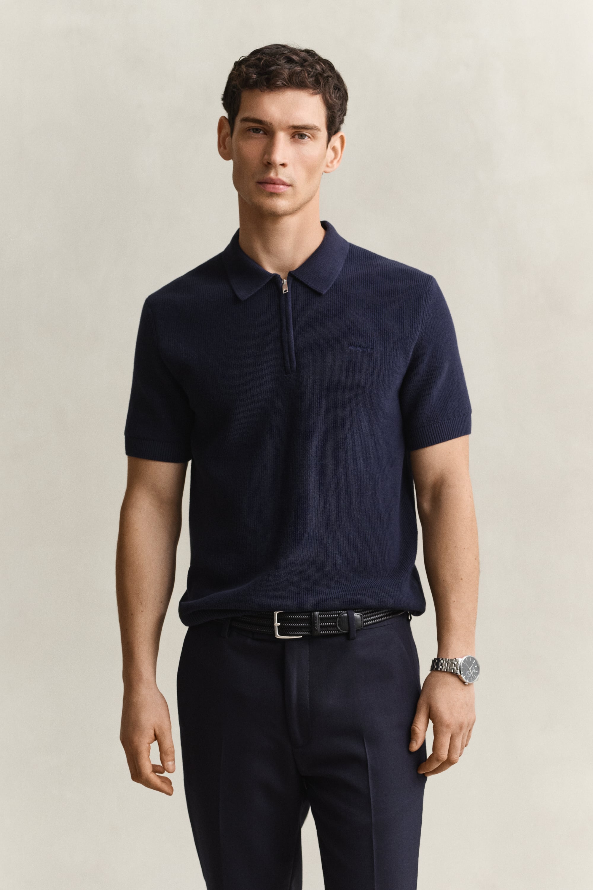 Gant Men's Navy Ribbed Cotton Polo Sweater (Xxl) Evening Blue