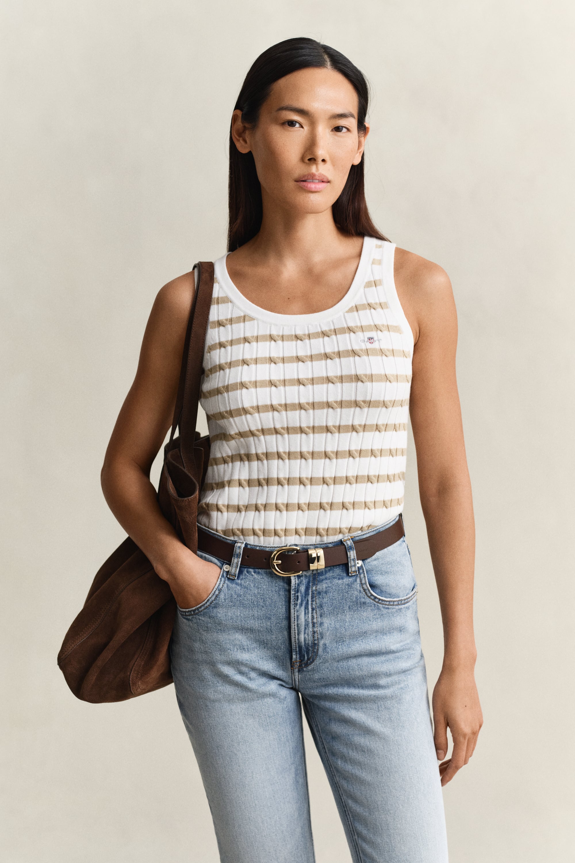 Gant Women's Oat Beige Striped Cable Knit Tank Top (Xxl)
