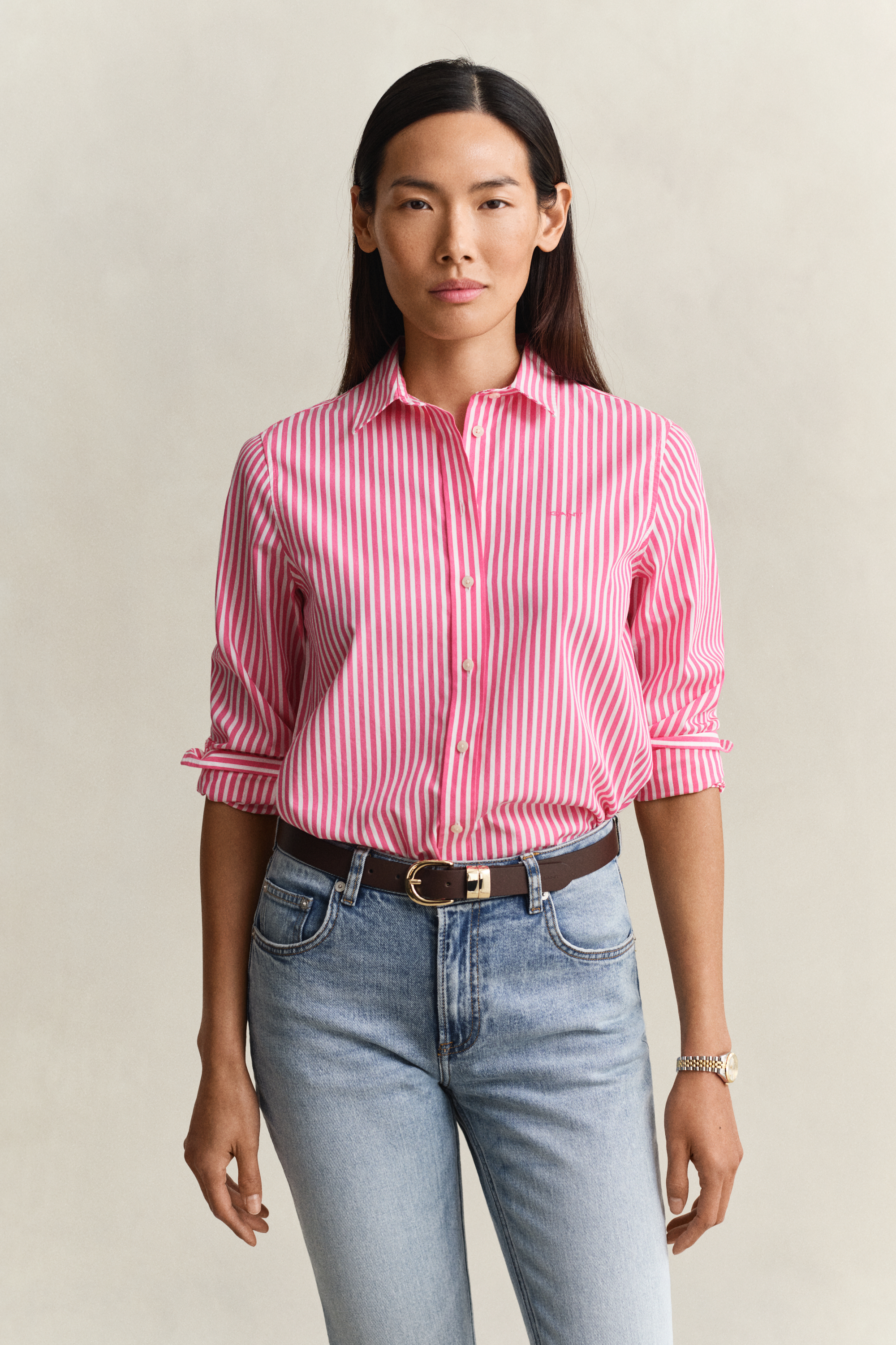 Gant Women's Bright Fuschia Regular Fit Classic Striped Poplin Shirt (46)