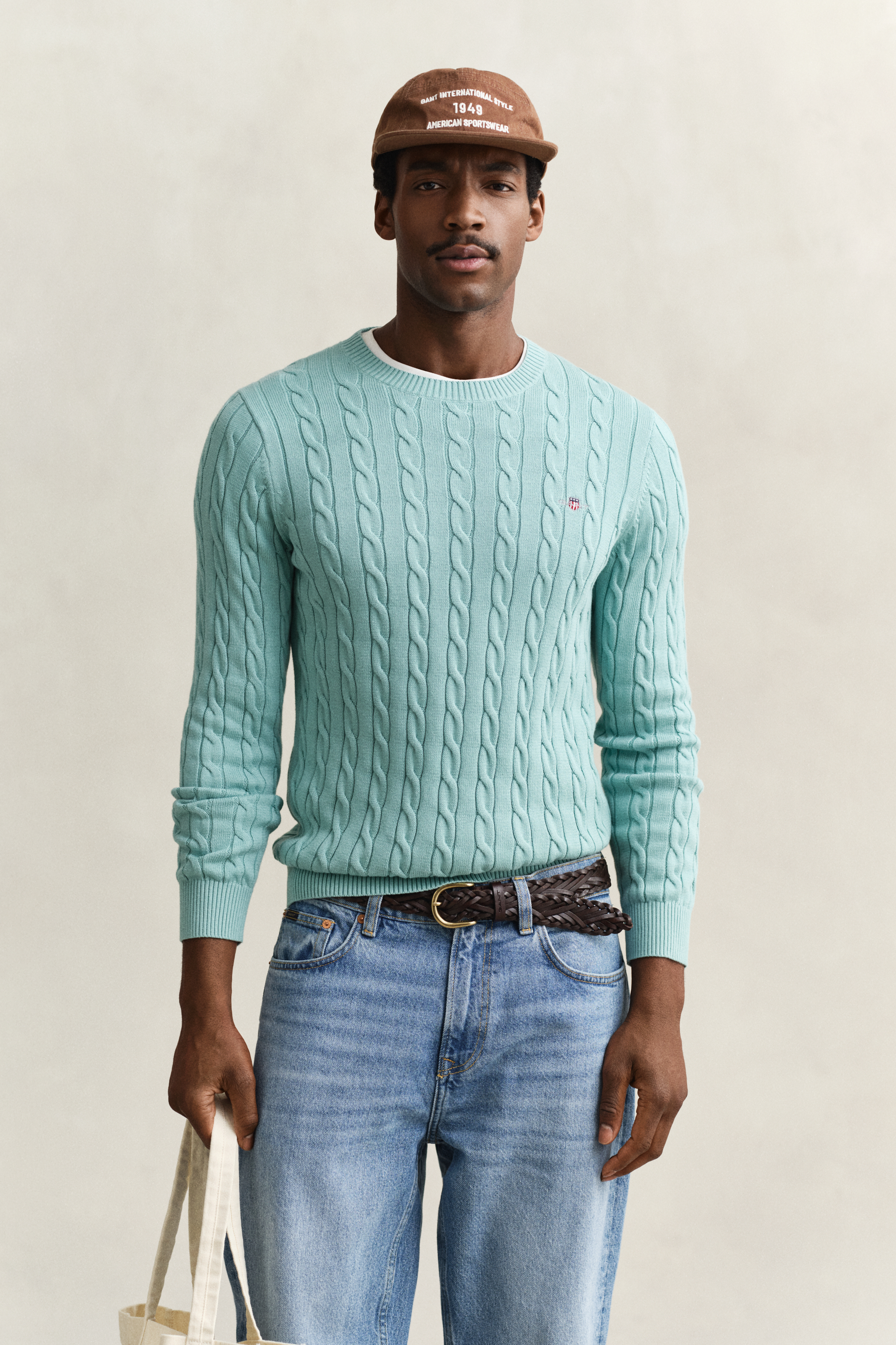Gant Men's Muted Turquoise Cotton Cable Knit Crew Neck Sweater (4Xl)