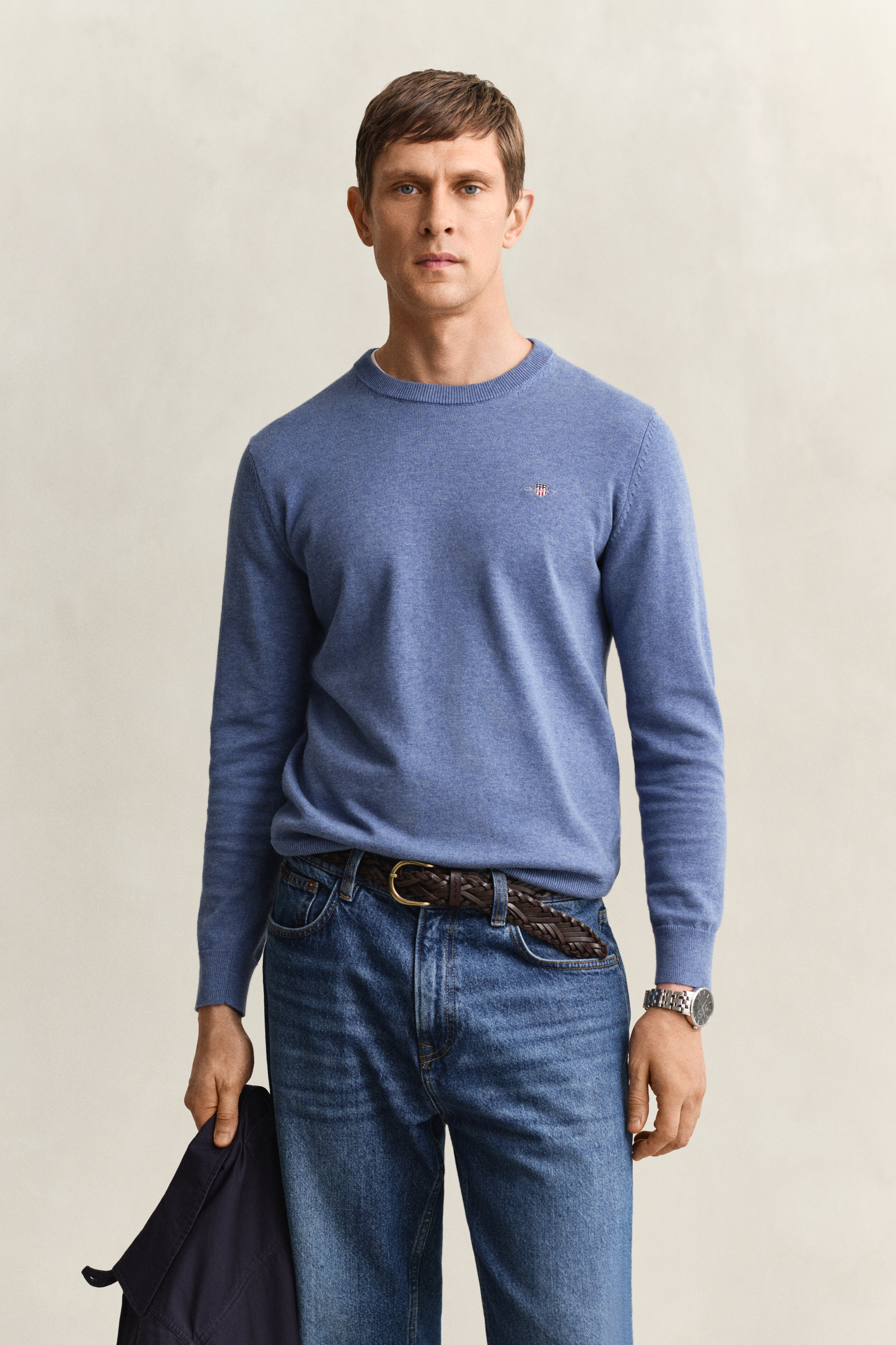 Gant Men's Blue Cotton Crew Neck Sweater (Xxxl) Denim Melange