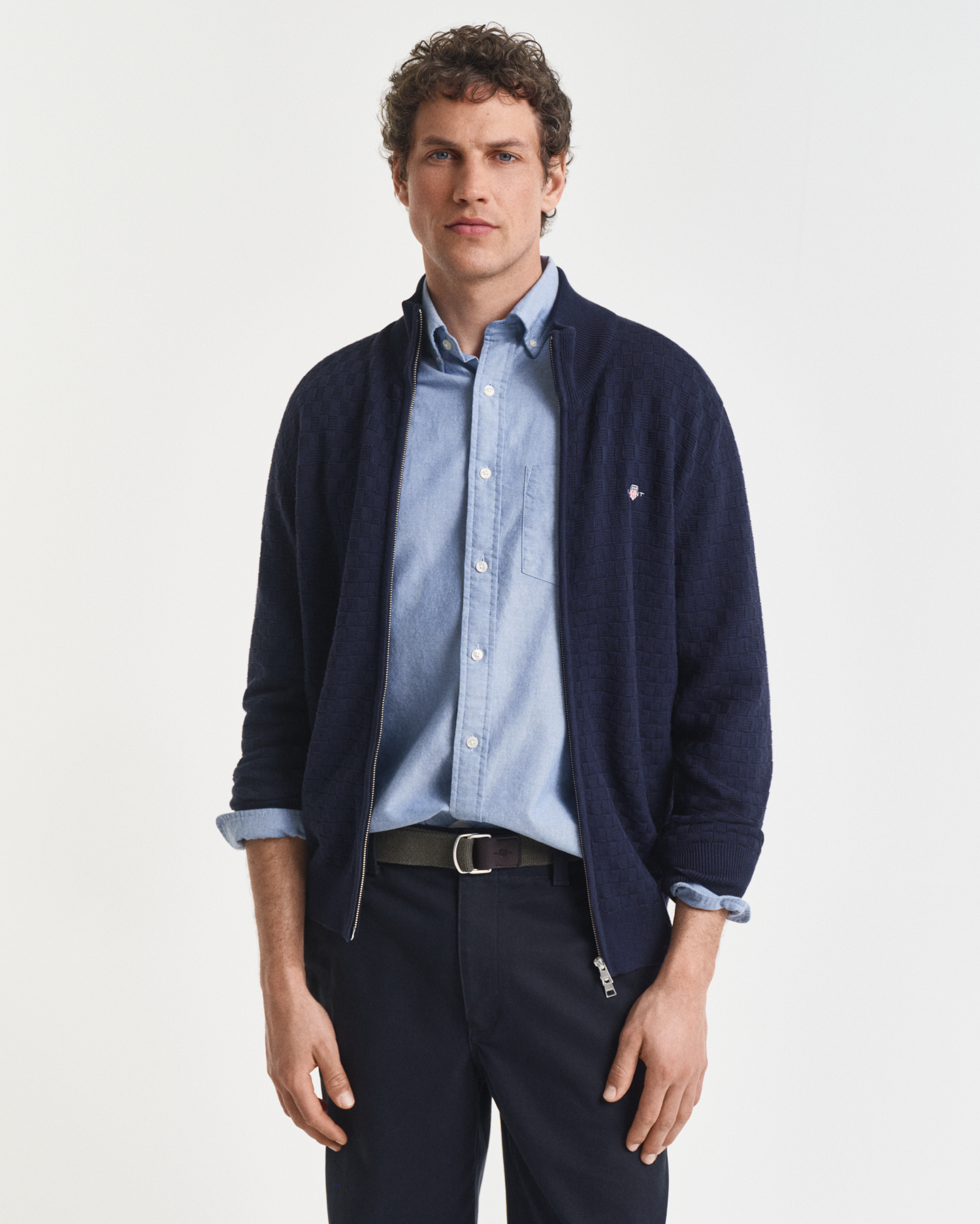 Gant Men's Blue Micro Textured Zip Sweater (Xxl)