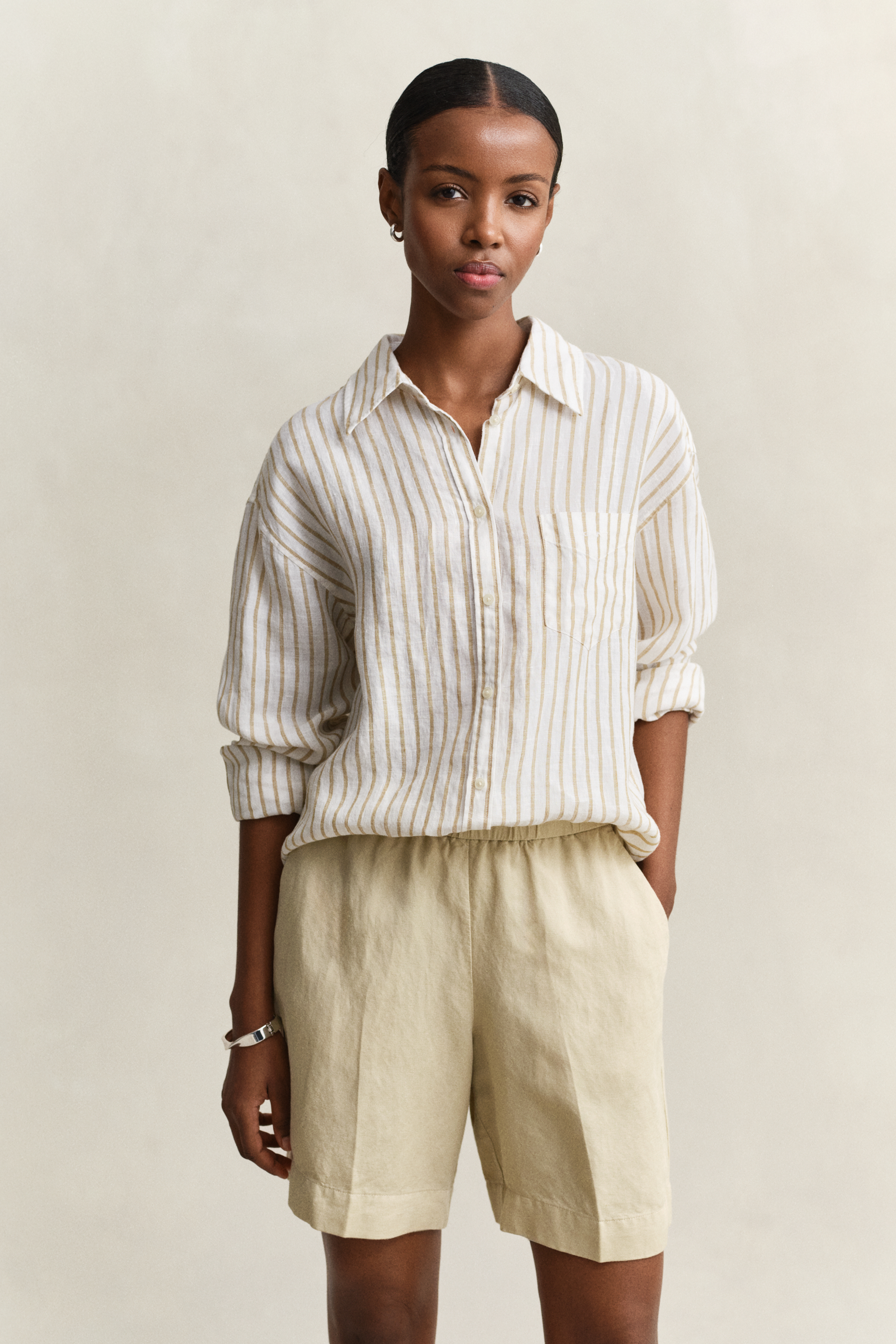 Gant Women's Oat Beige Relaxed Fit Striped Linen Shirt (42)