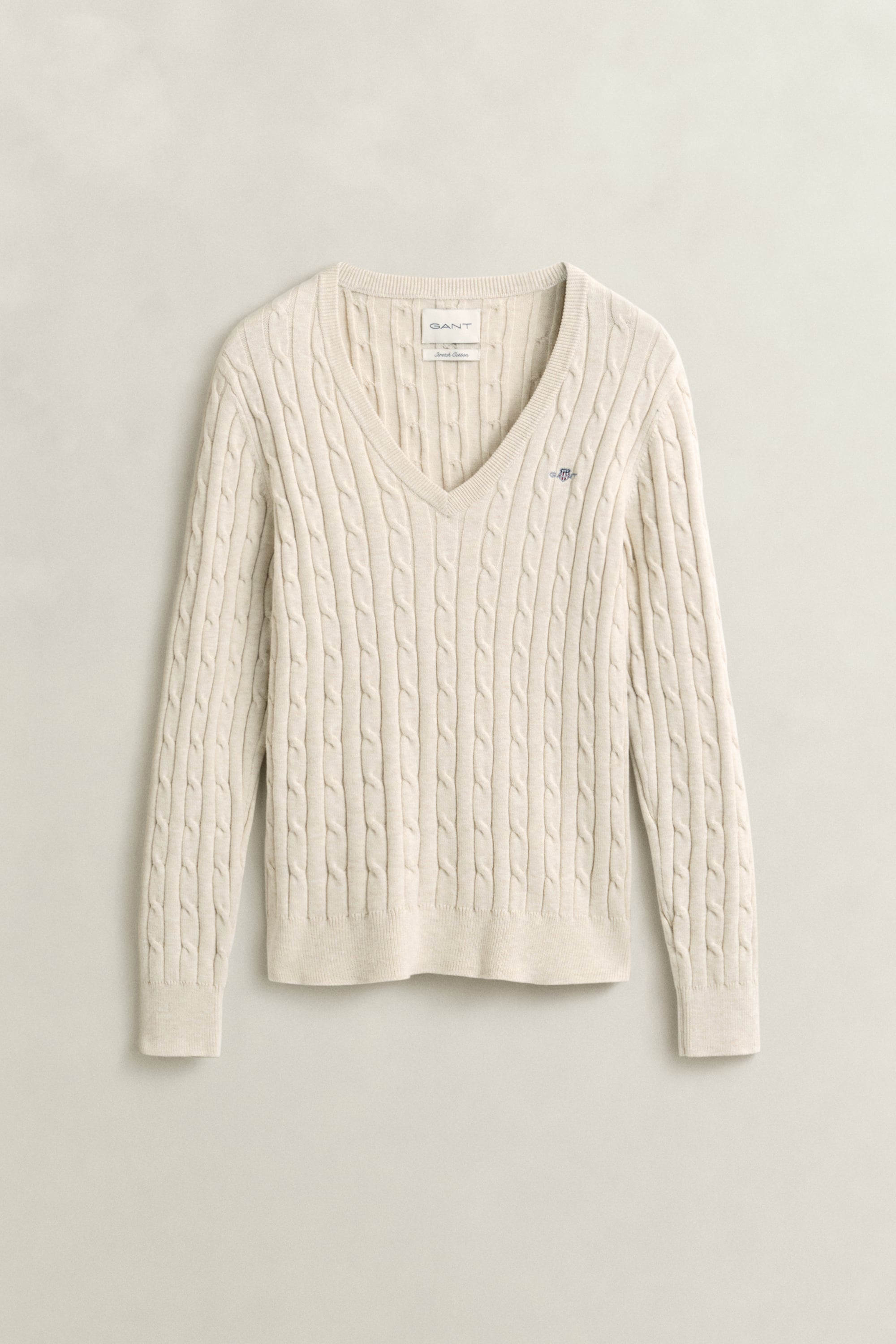 Gant Stretch Cotton Cable Knit V-neck Sweater