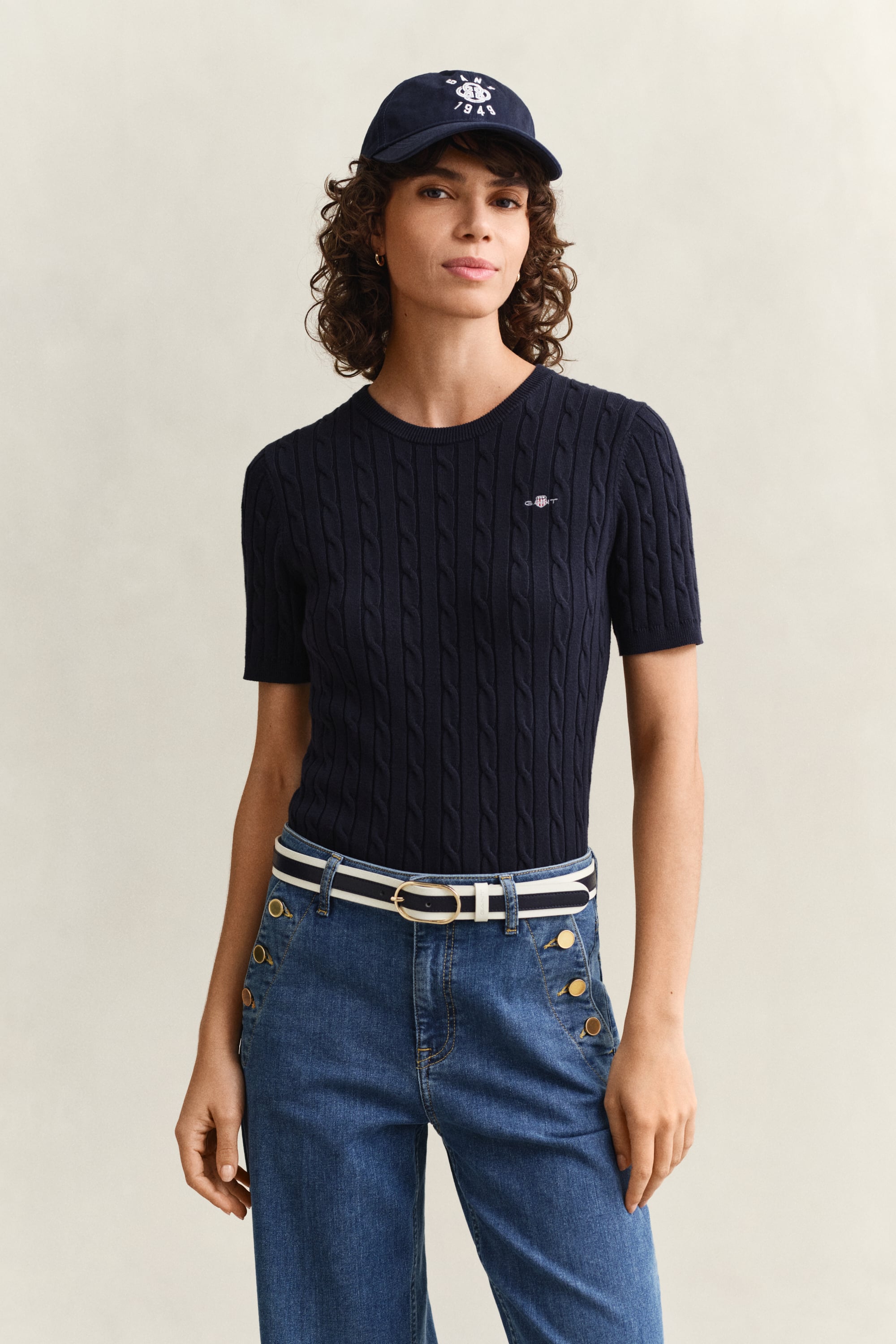 Gant Cable Knit Short Sleeve Sweater In Blue