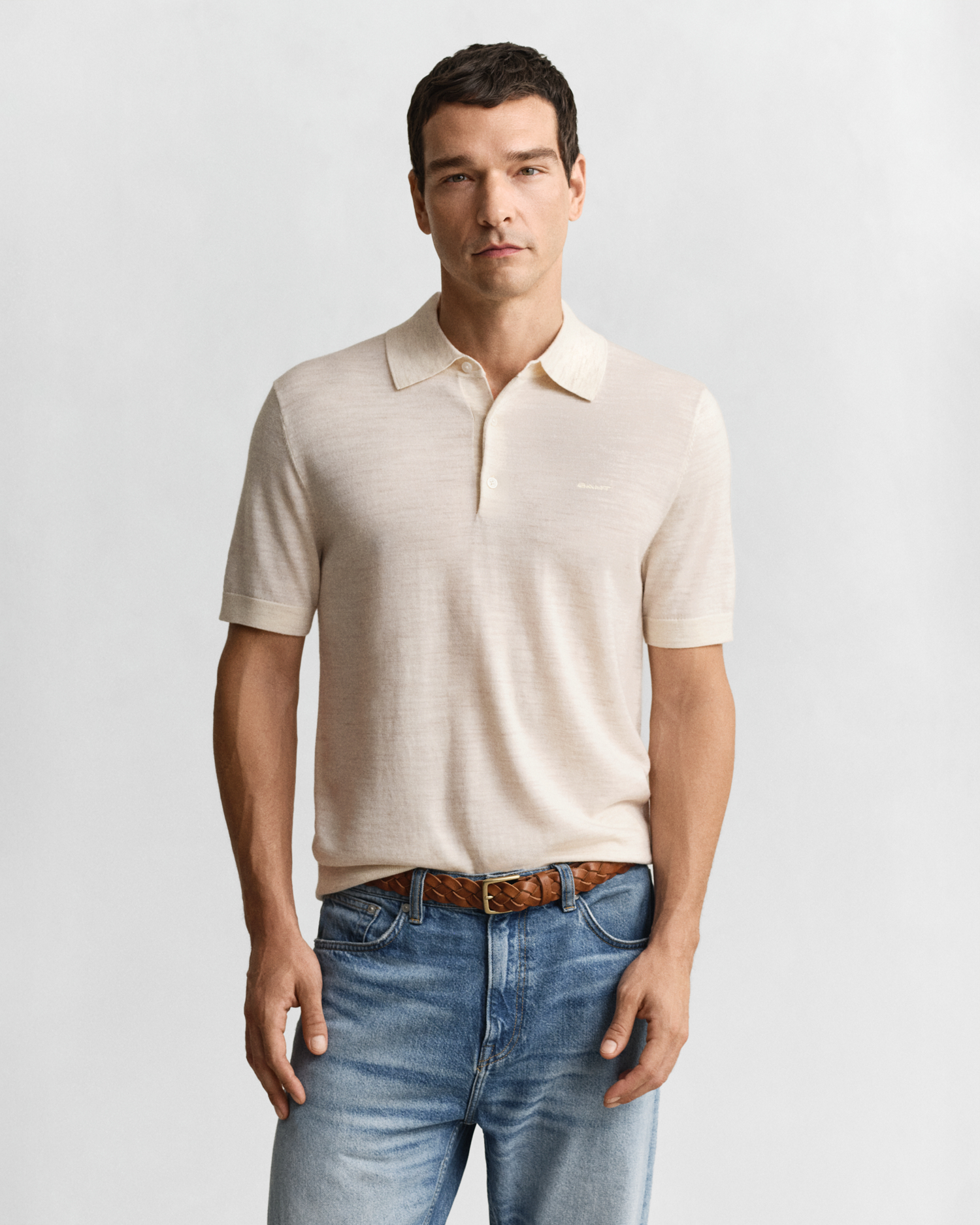 Gant Men's Beige Extra Fine Merino Wool Short Sleeve Polo Sweater (Xxxl) Seed Melange