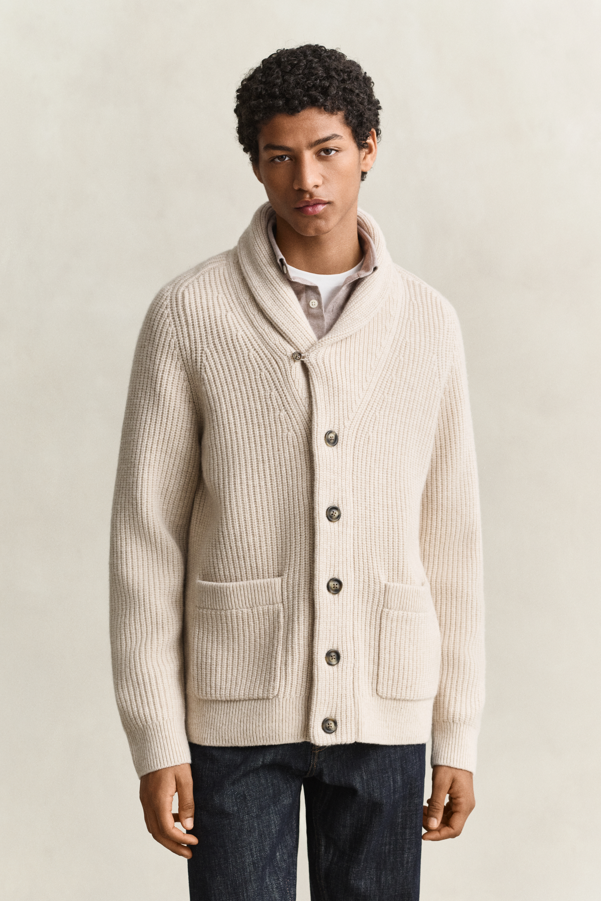 Gant Men's Beige Ribbed Wool Blend Cardigan (L) Light Melange