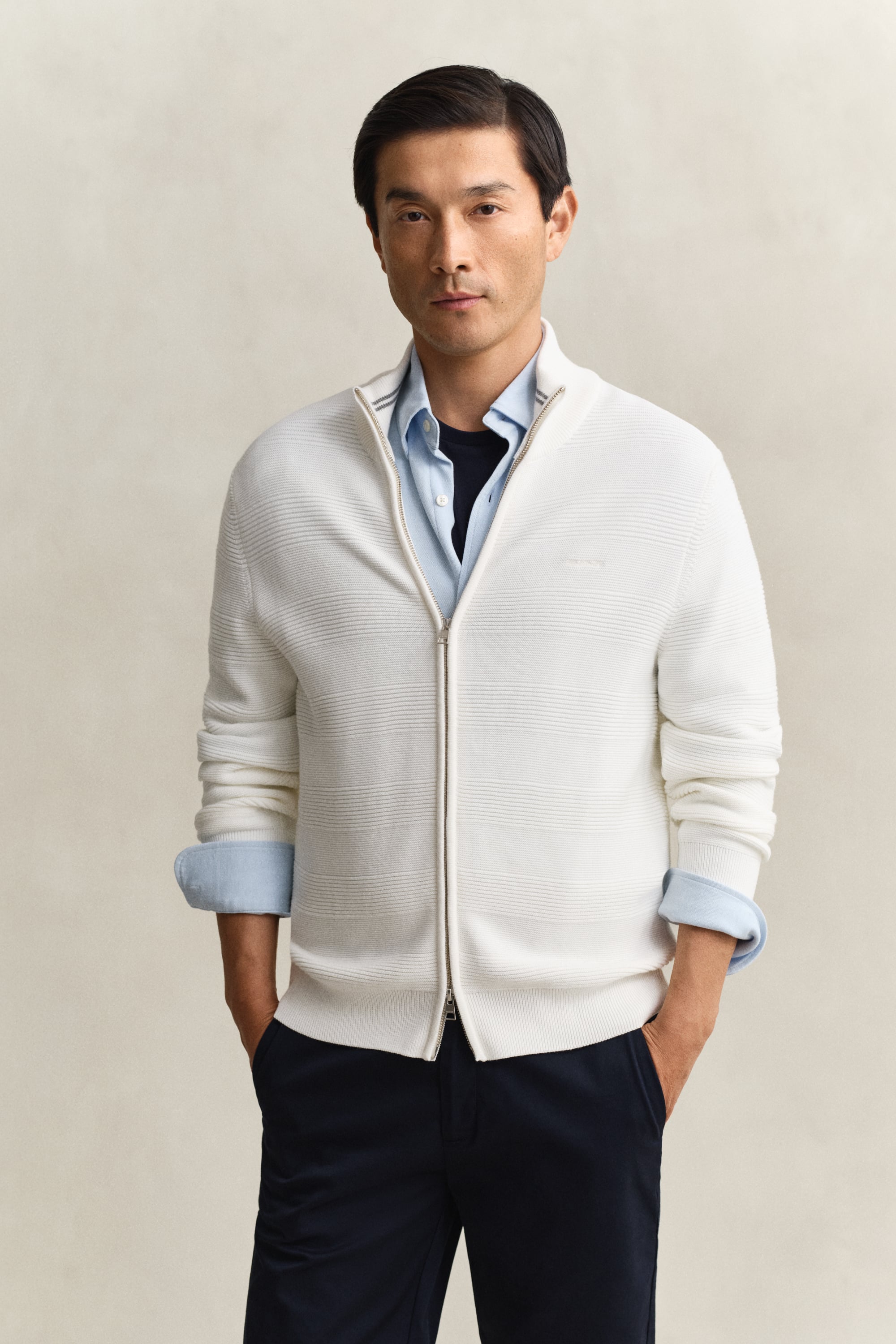Gant Men's Off White Textured Cotton Zip Cardigan (Xxl) Eggshell