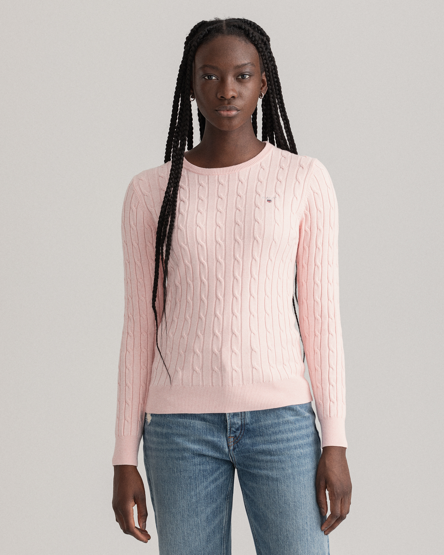GANT Women Stretch Cotton Cable Crew Neck Sweater (XS) Pink