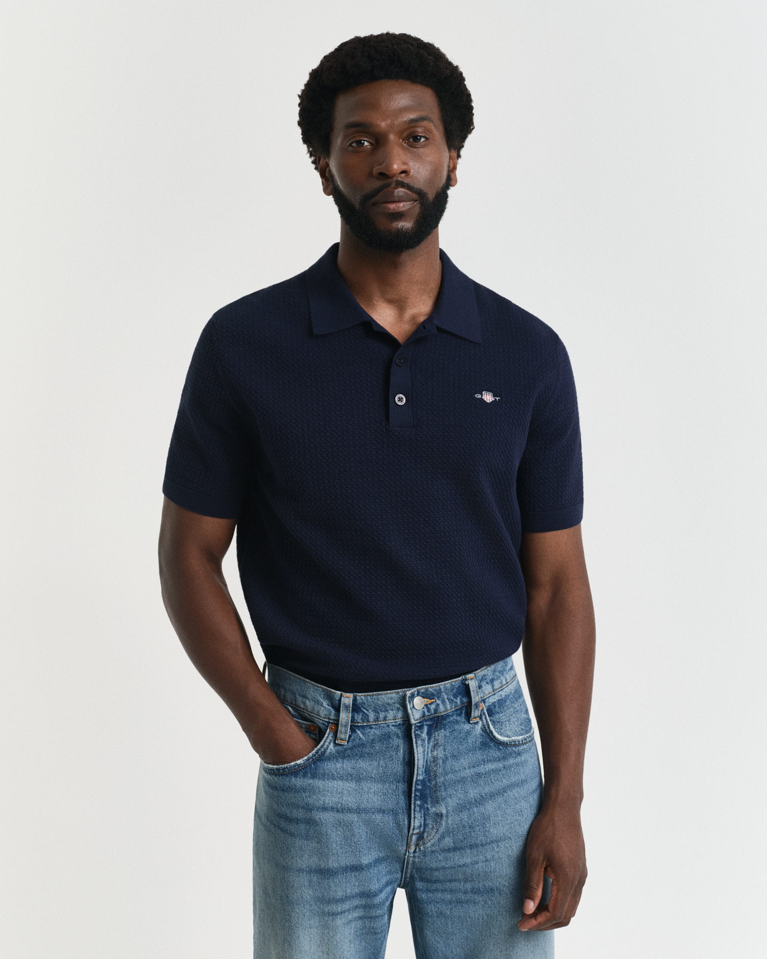 Gant Men's Blue Textured Cotton Polo Shirt ) Xxl