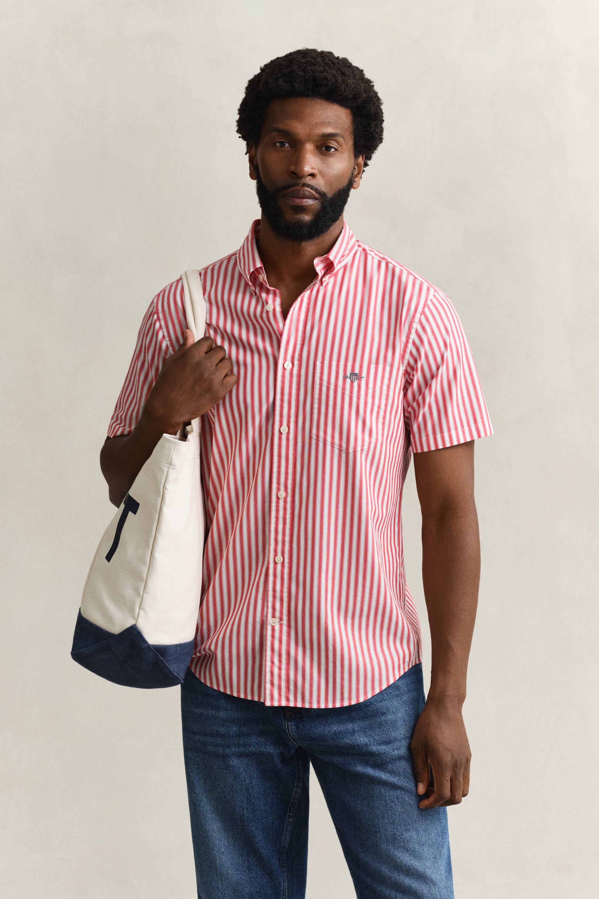 Gant Men's Rose Red Striped Classic Poplin Short Sleeve Shirt (4Xl)