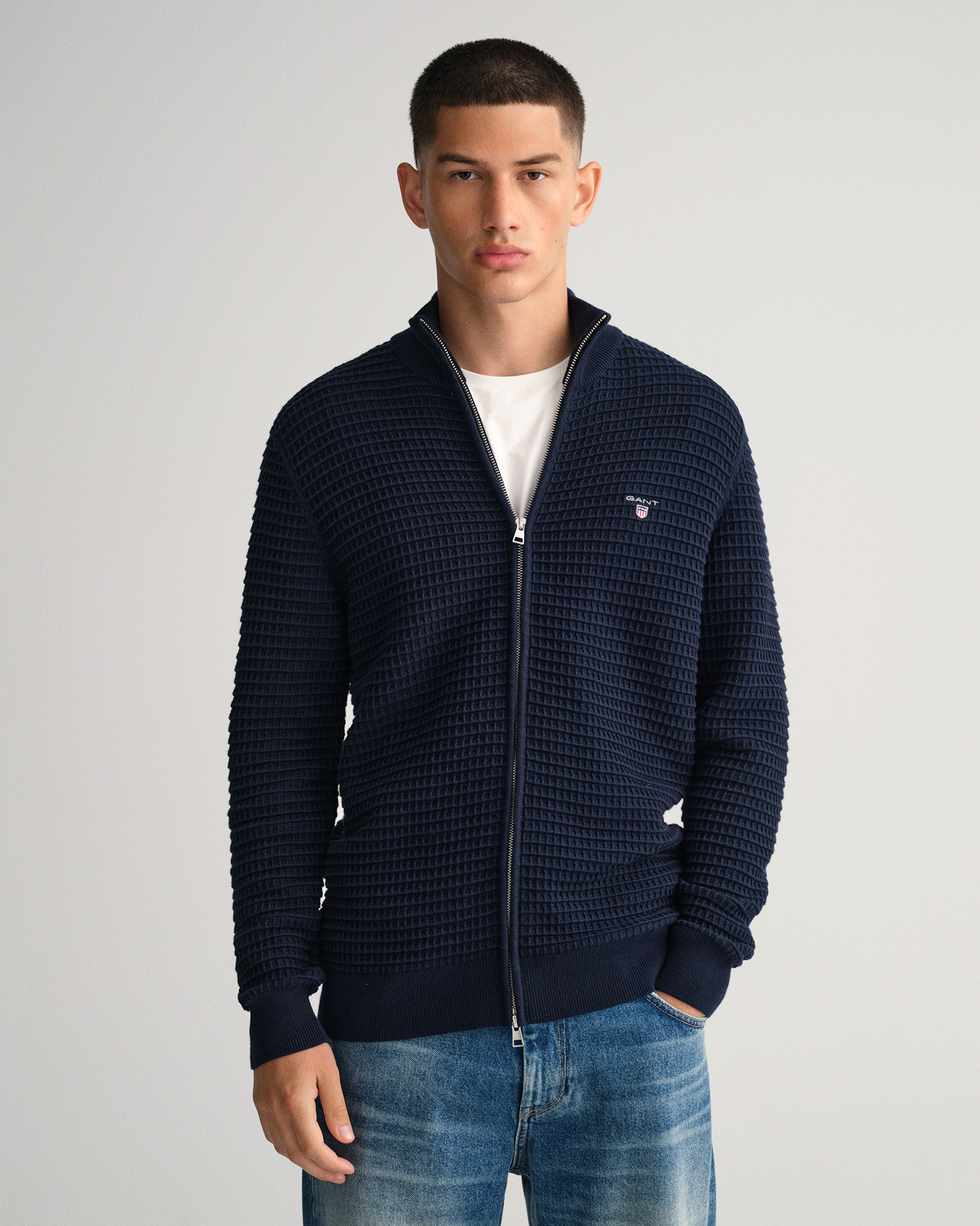 Cotton Texture Full-Zip Sweater - GANT
