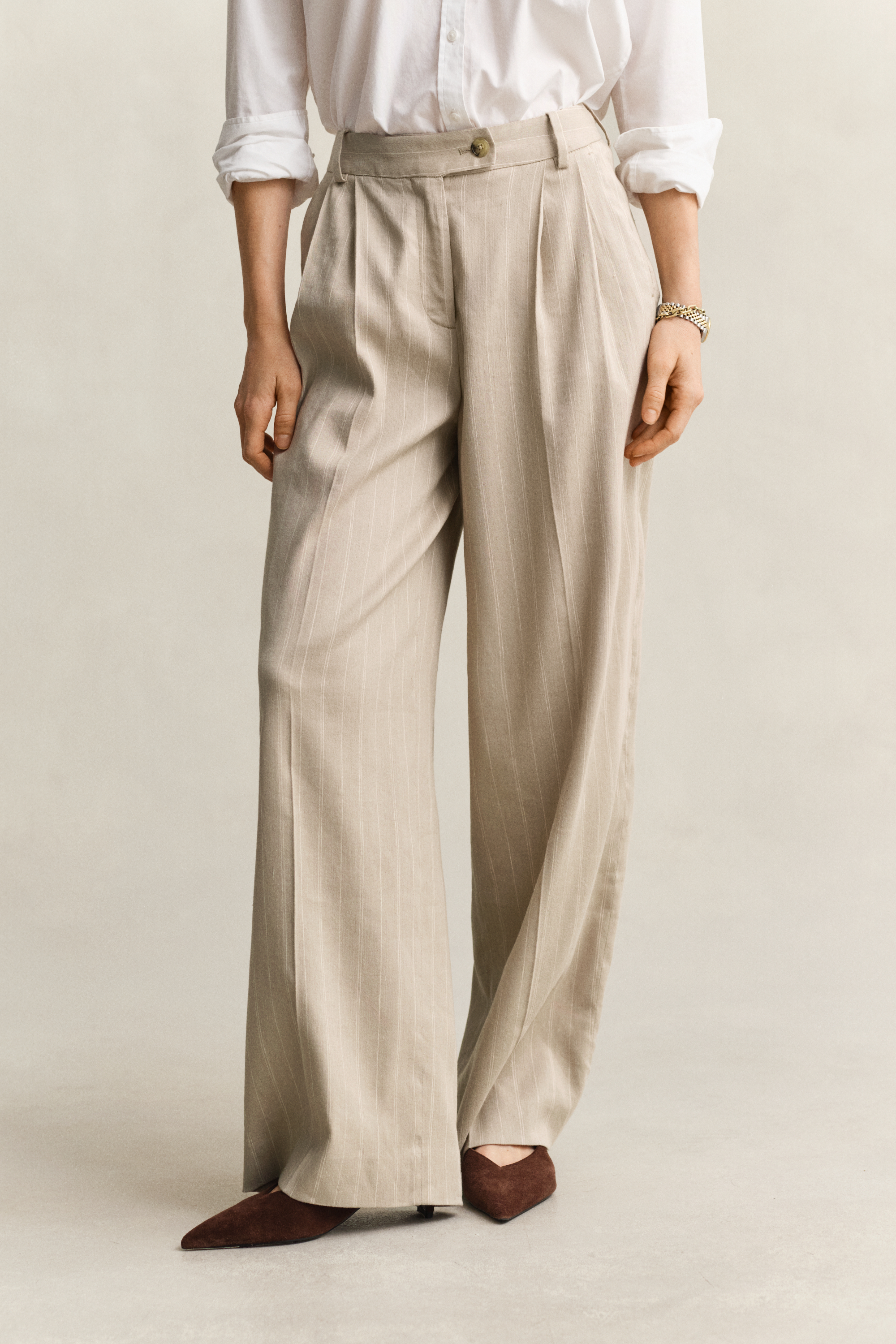 Gant Women's Oat Beige Pinstriped Linen Blend Pants (44)
