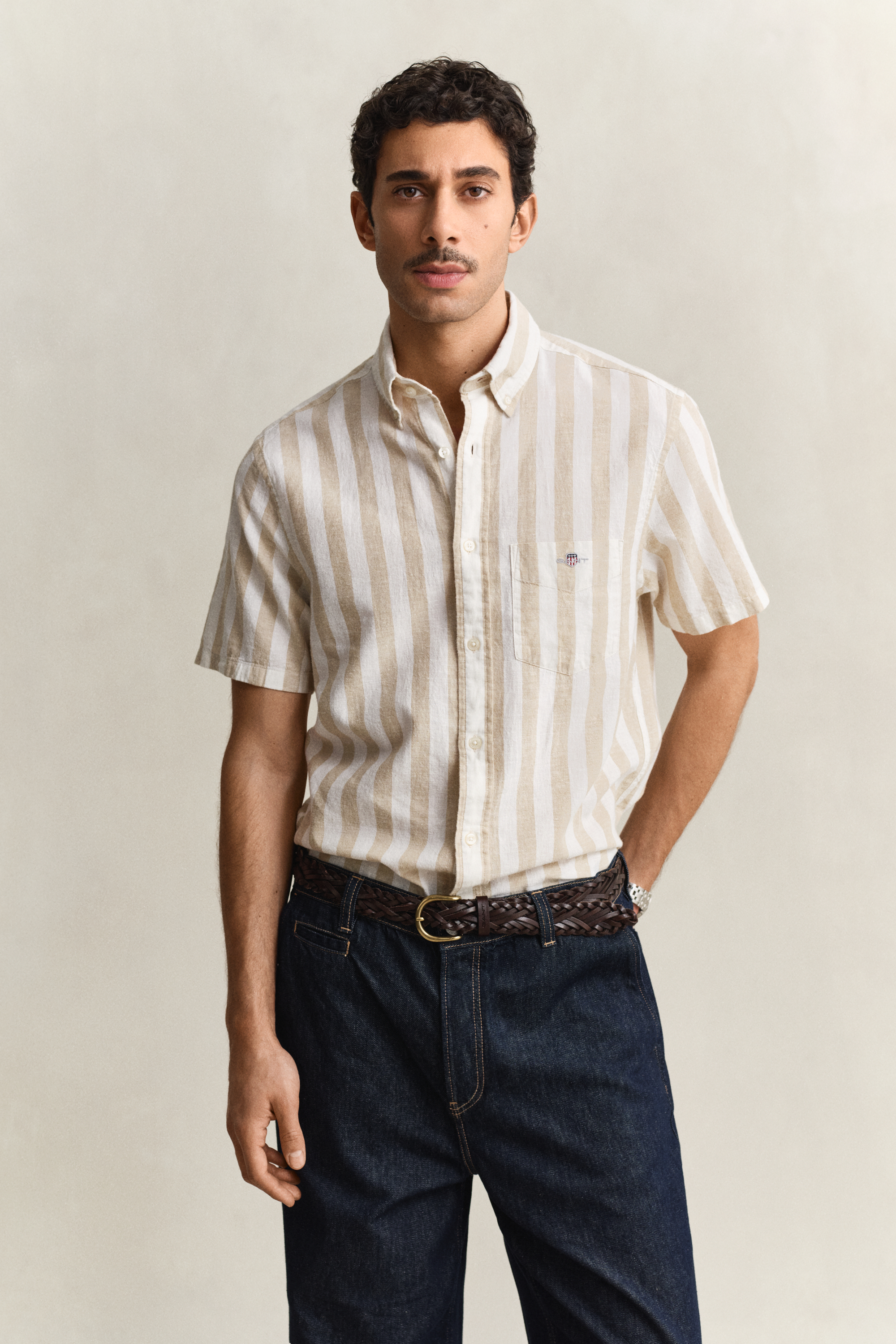 Gant Men's Oat Beige Striped Linen Blend Short Sleeve Shirt (Xl)