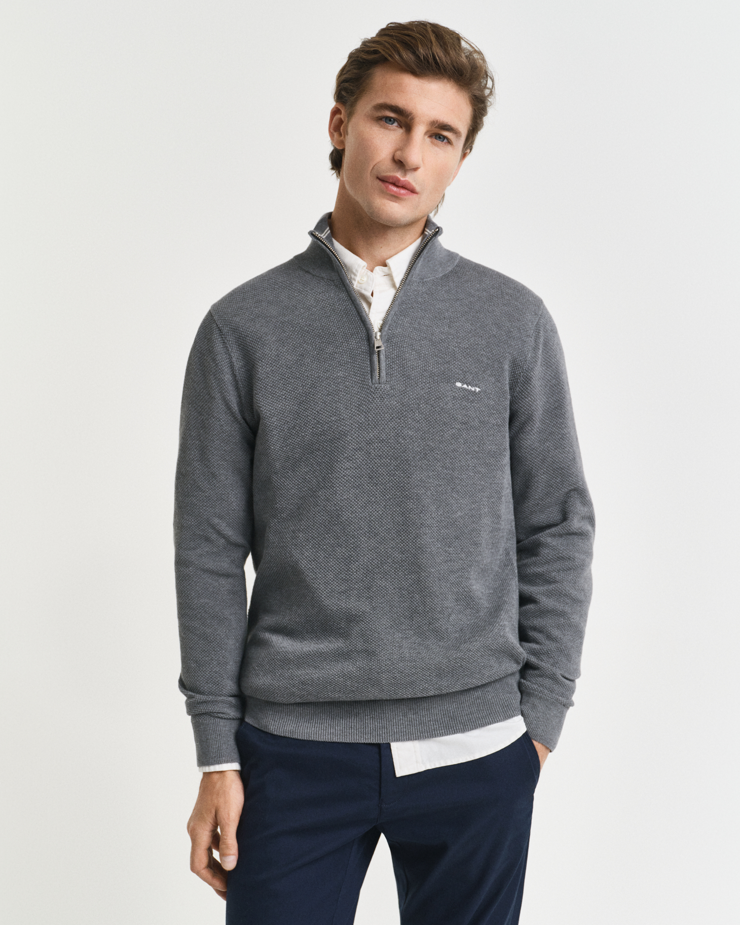 Gant Men's Dark Grey Cotton Piqué Half-Zip Sweater (Xxxl) Melange
