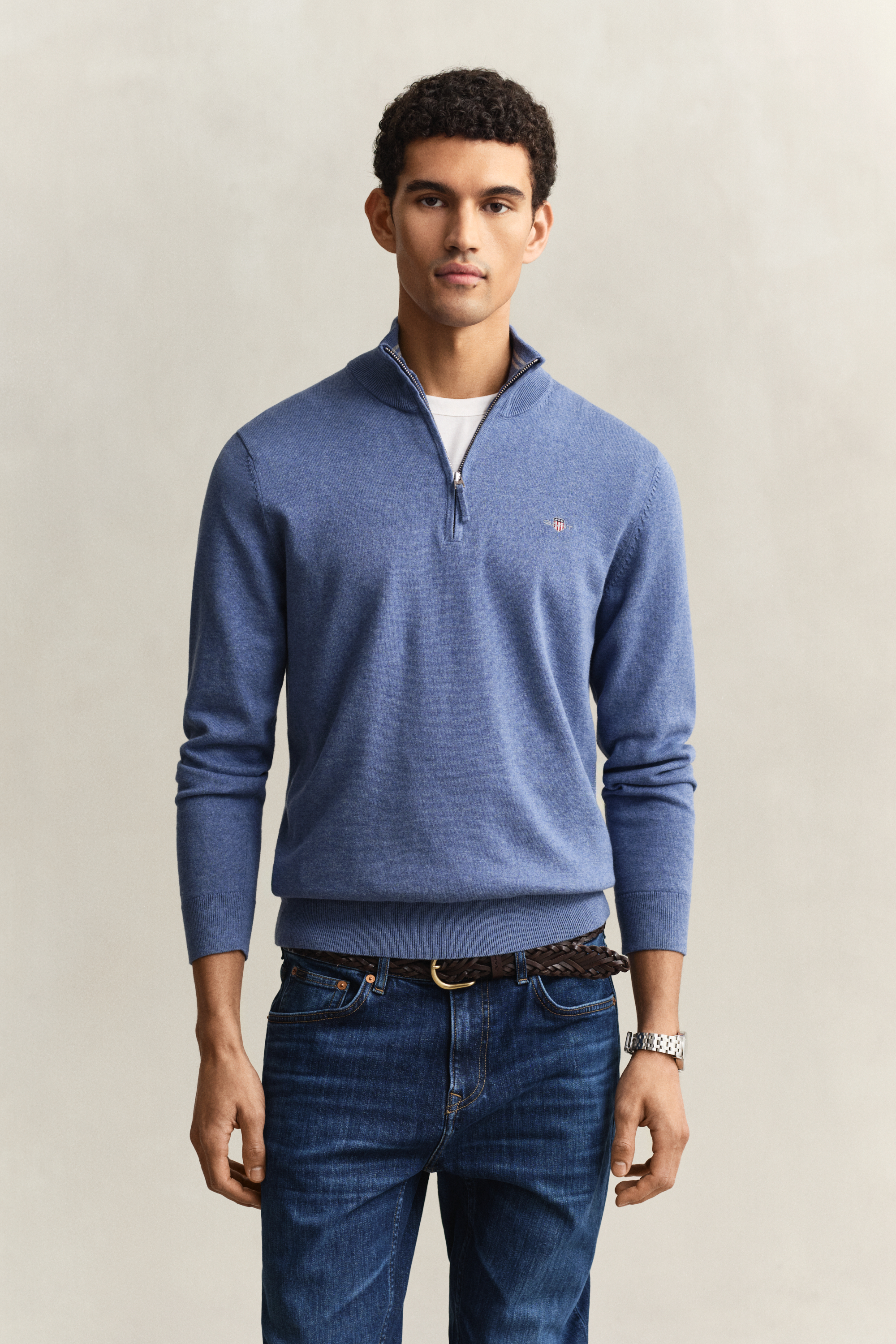 Gant Men's Blue Classic Cotton Half-Zip Sweater (L) Denim Melange