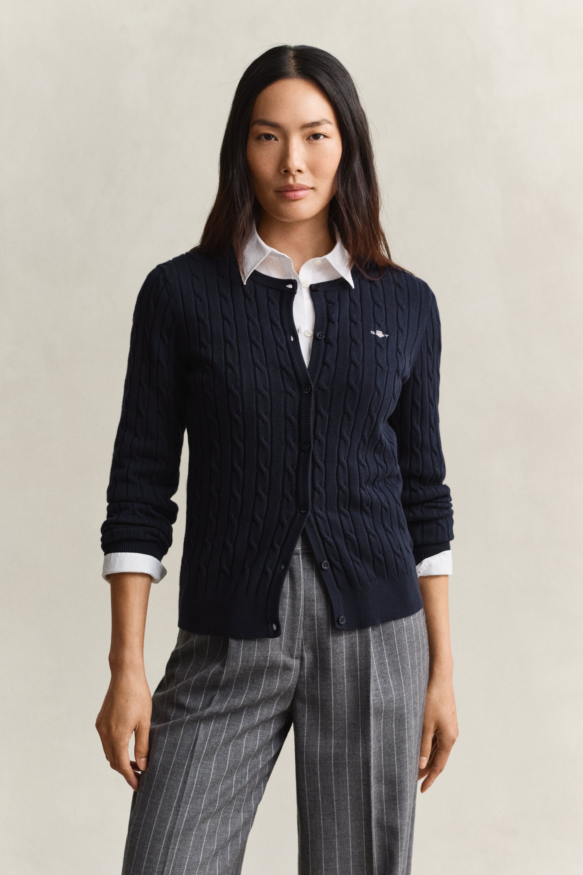 Gant Stretch Cotton Cable Knit Cardigan In Blue