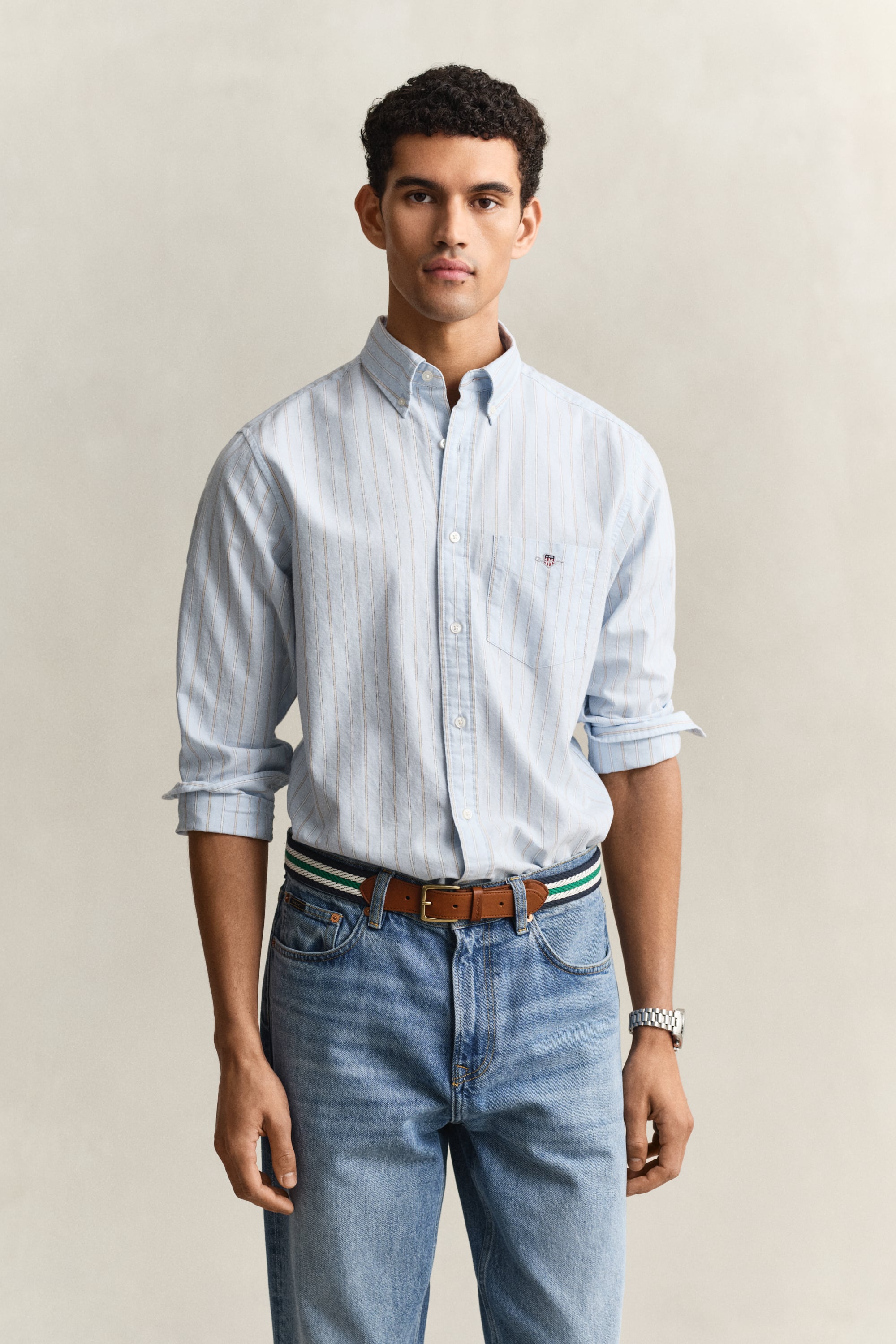 Gant Men's Sky Blue Striped Classic Oxford Shirt (L)