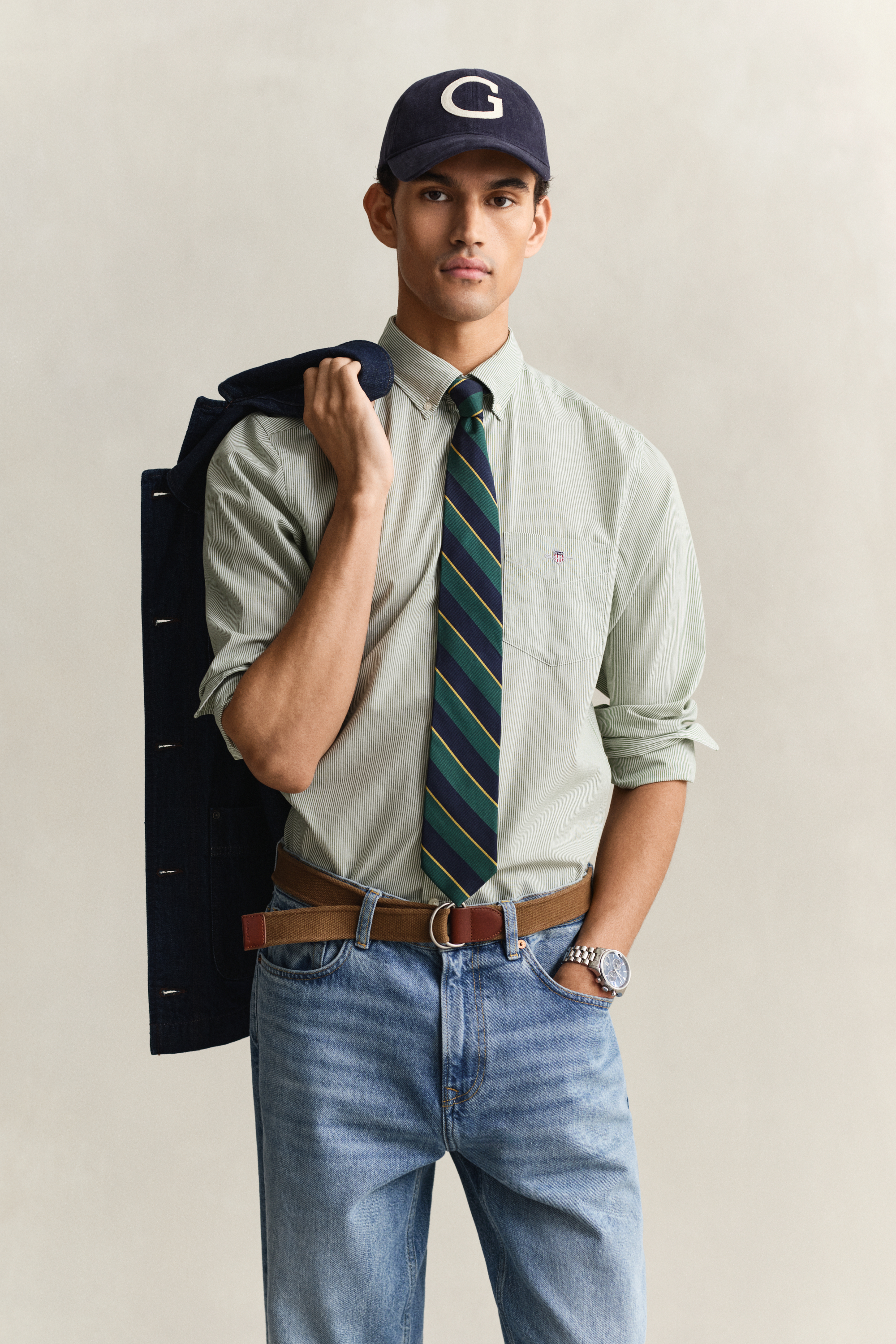 Gant Men's Herb Green Banker Stripe Classic Poplin Shirt (Xxxl)