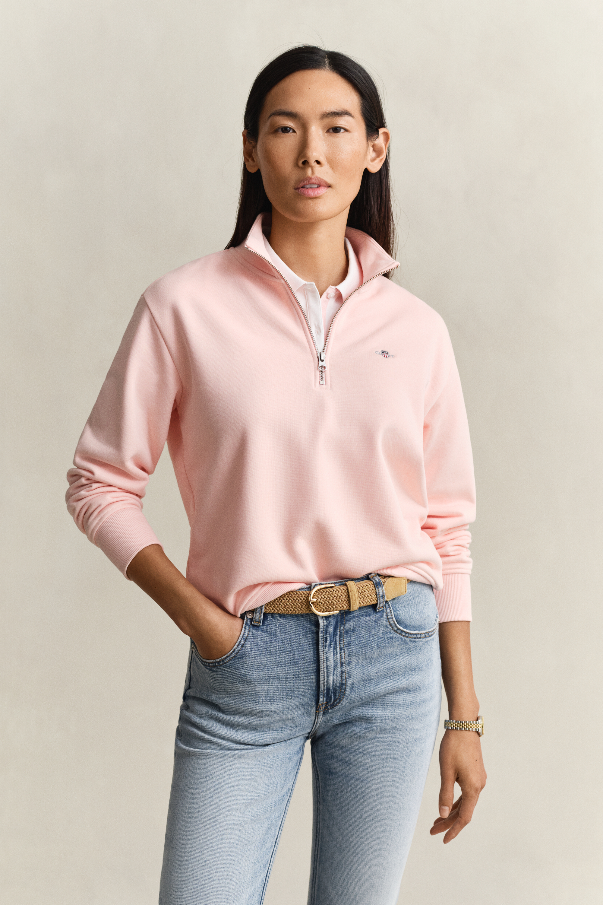 Gant Women's Apricot Pink Shield Half Zip Sweatshirt (Xxl)
