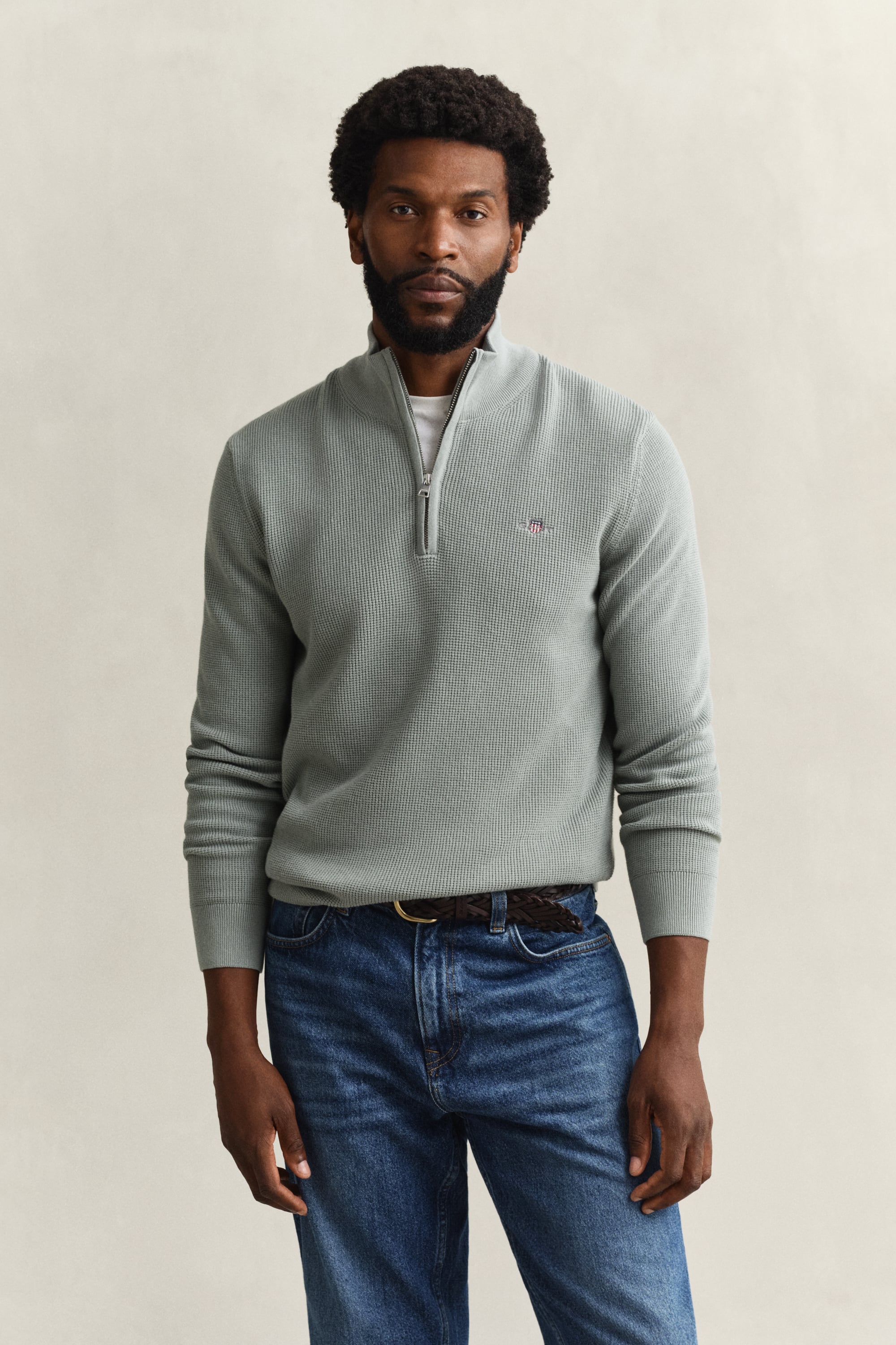 Gant Men's Ceramic Grey Textured Cotton Half-Zip Sweater (Xxxl)