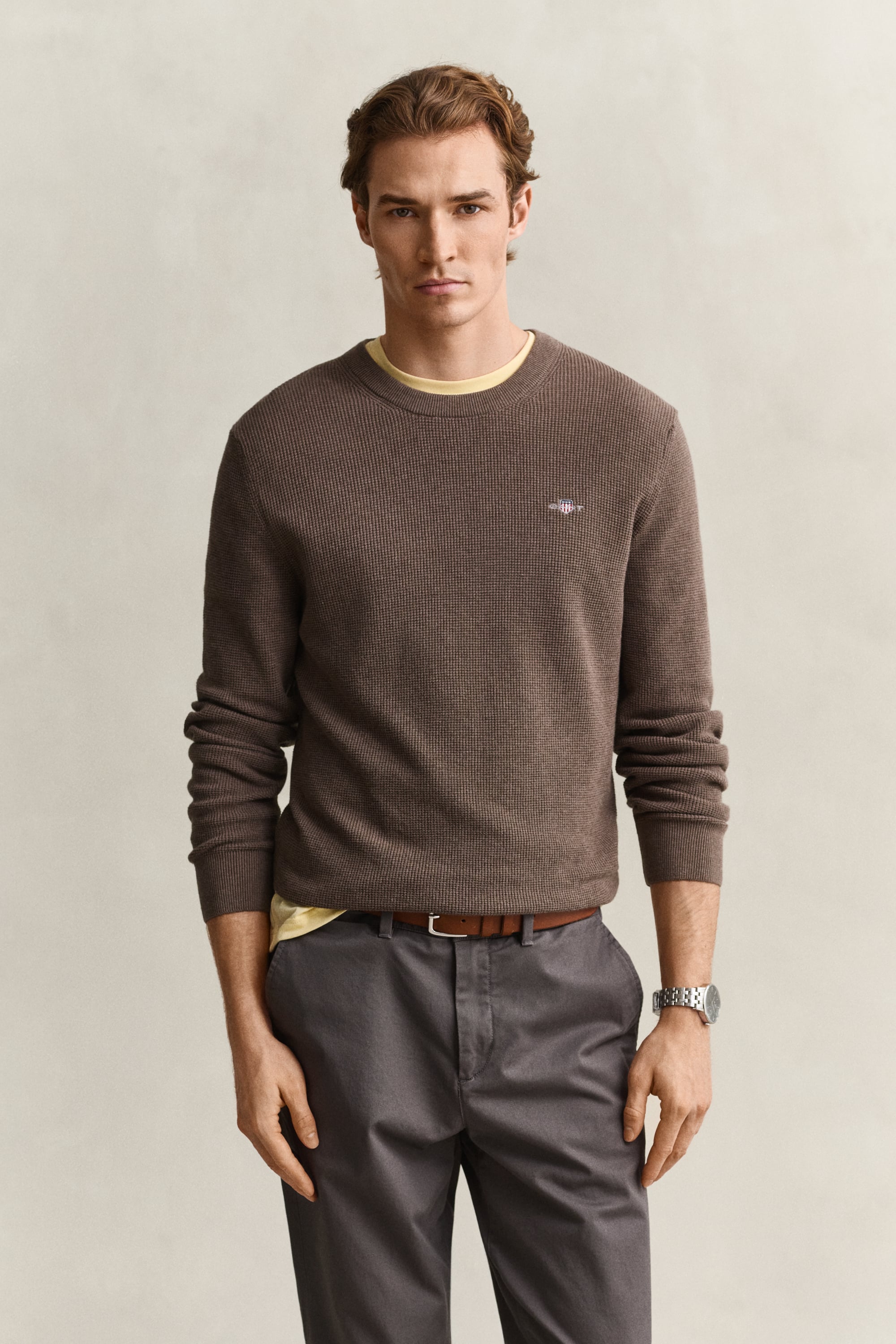 Gant Men's Dk Hazelnut Melange Textured Cotton Crew Neck Sweater (Xxxl)