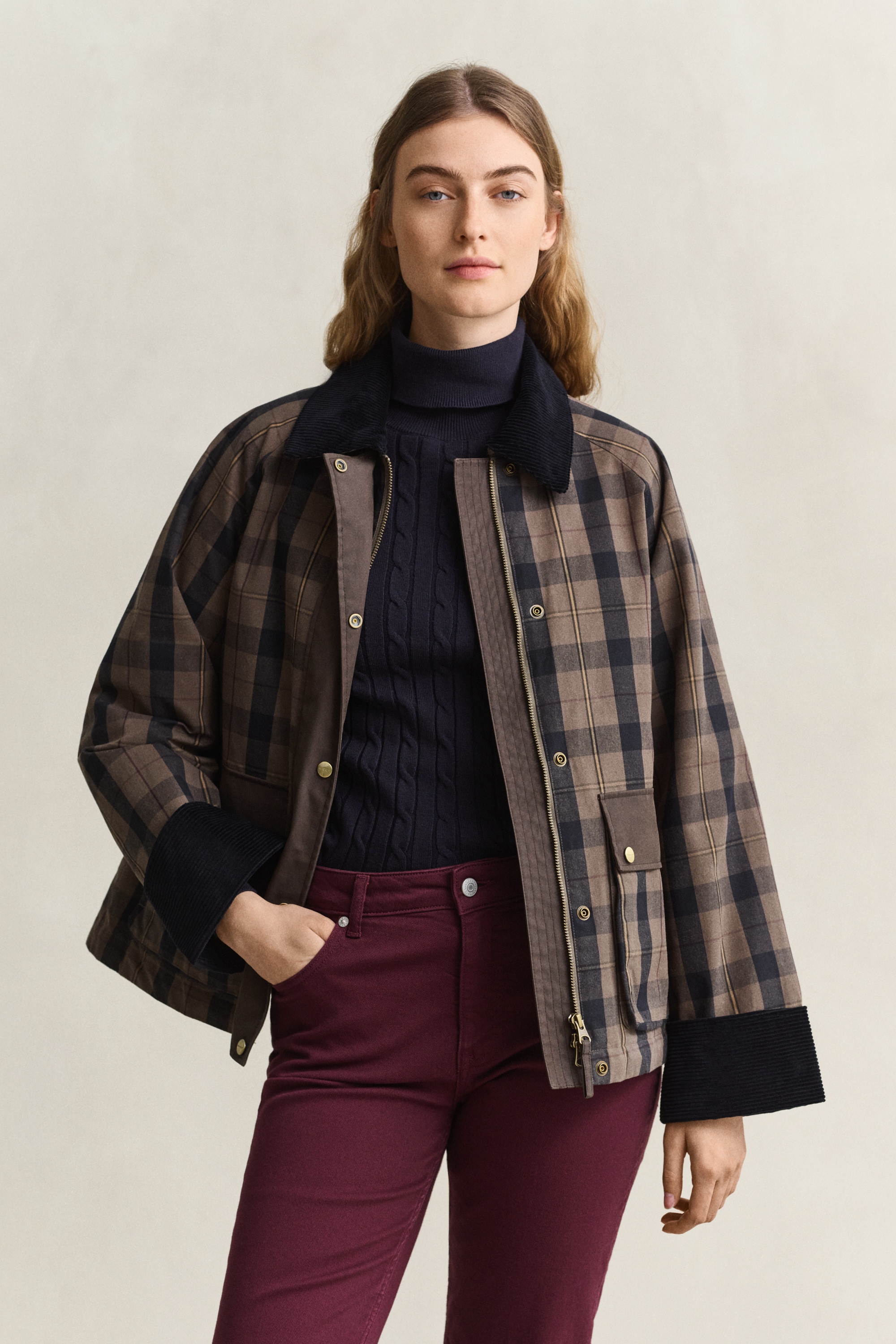 Gant Women's Faded Taupe Check Waxed Jacket (Xl)