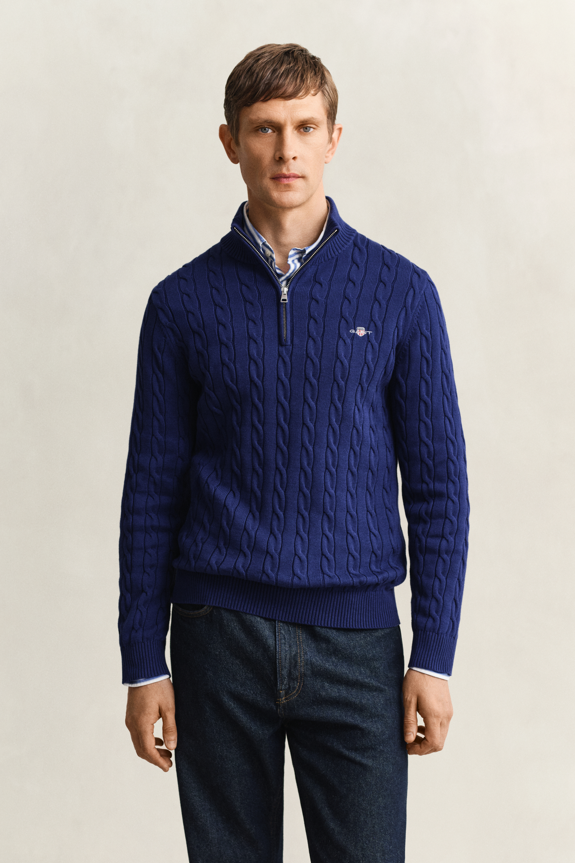Gant Men's Navy Cotton Cable Knit Half-Zip Sweater (Xxl) Rich