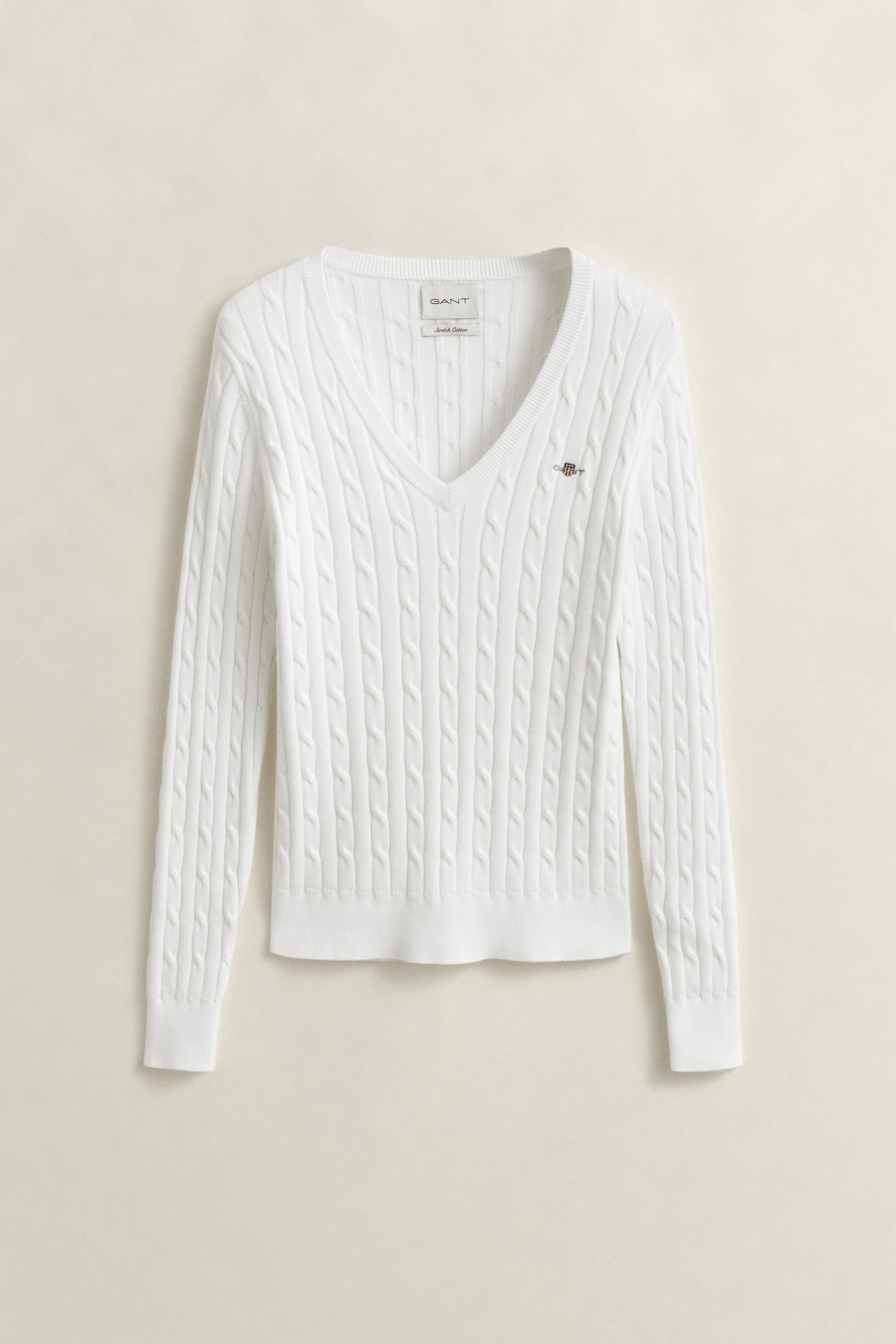 Stretch Cotton Cable Knit V-Neck Sweater