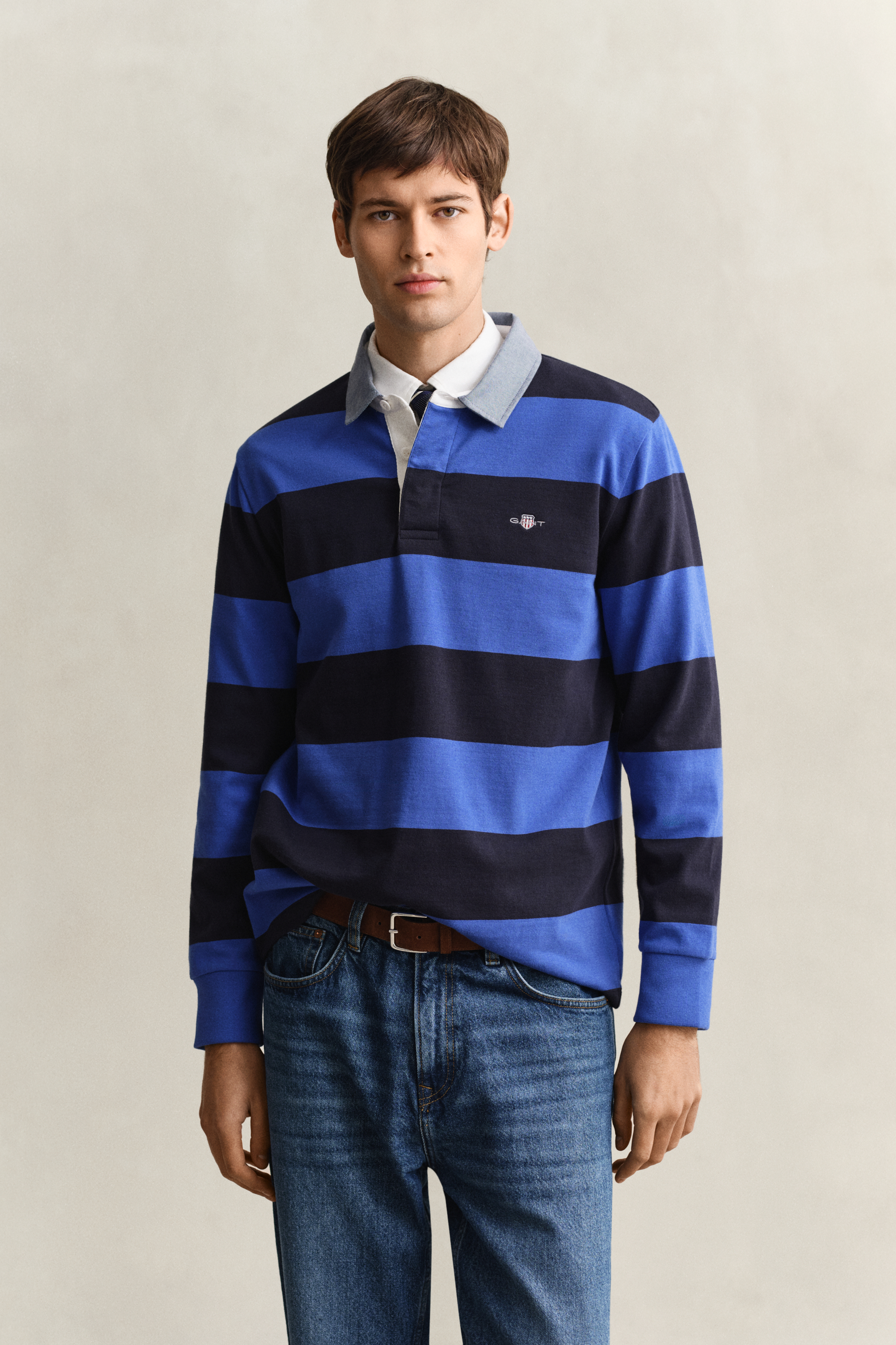 Gant Men's Royal Blue Chambray Collar Striped Heavy Rugger (S)