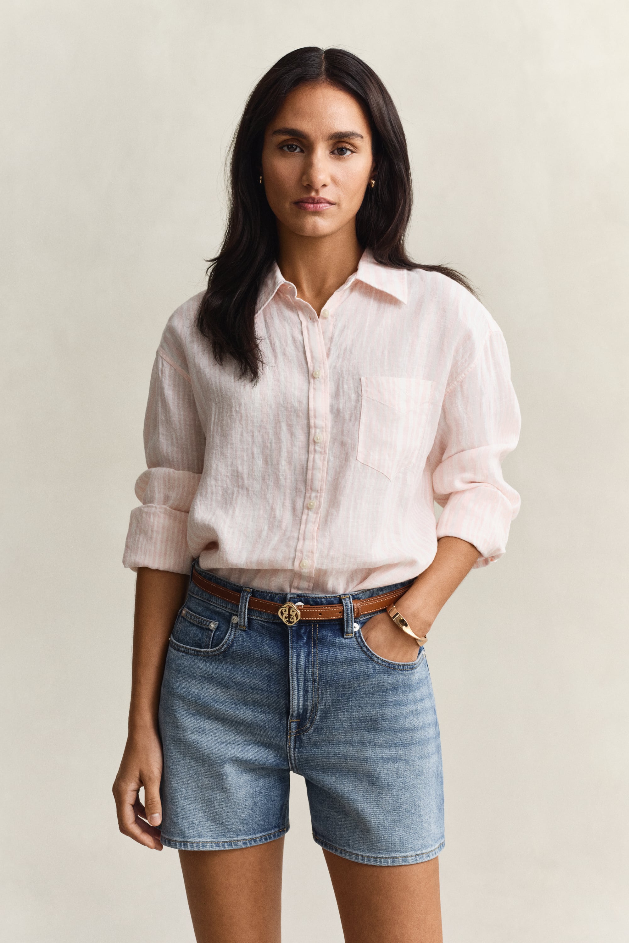 Gant Women's Lilly Pink Relaxed Fit Striped Linen Shirt (44)