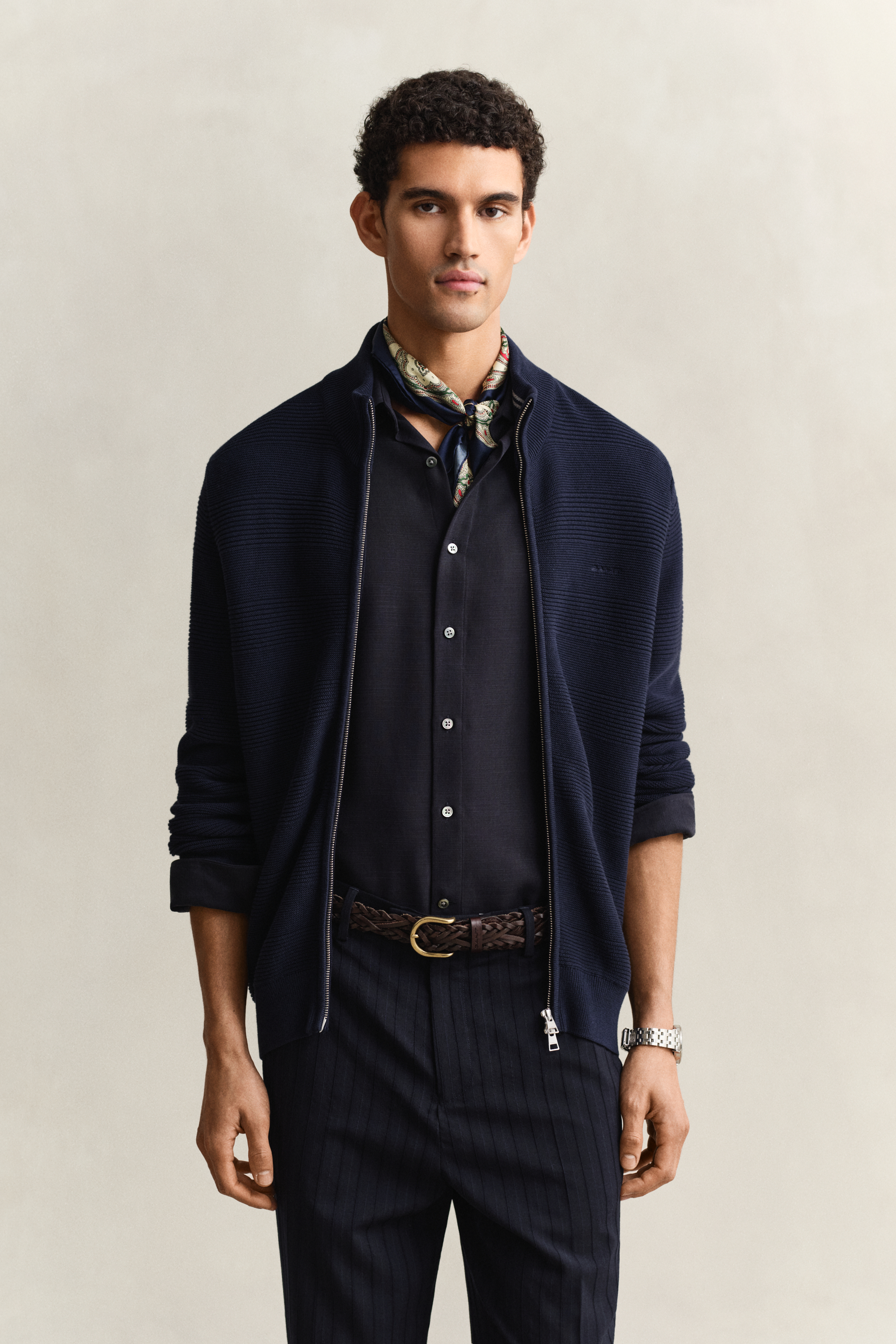 Gant Men's Navy Textured Cotton Zip Cardigan (Xxxl) Evening Blue
