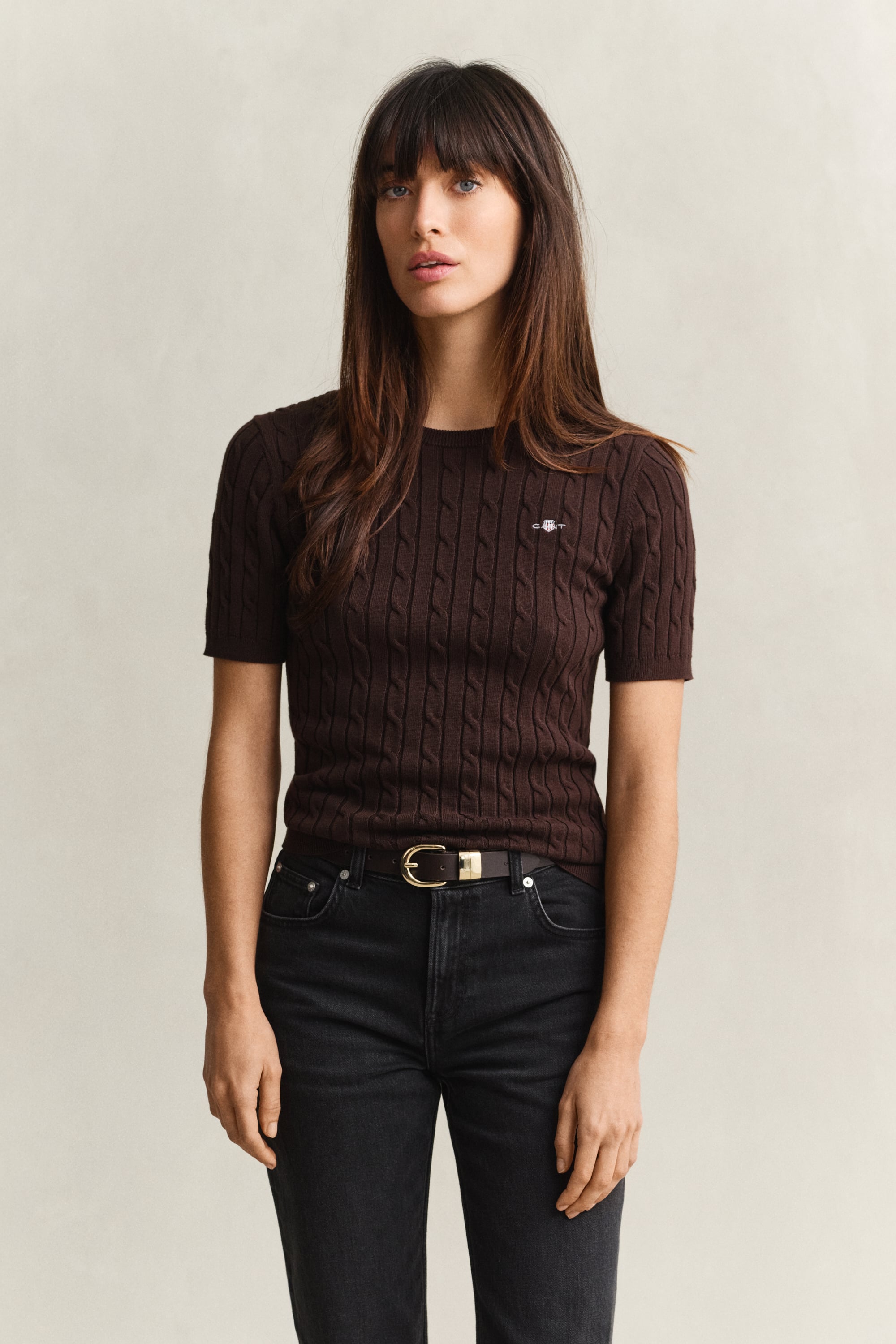 Gant Stretch Cotton Cable Knit Short Sleeve Sweater In Brown