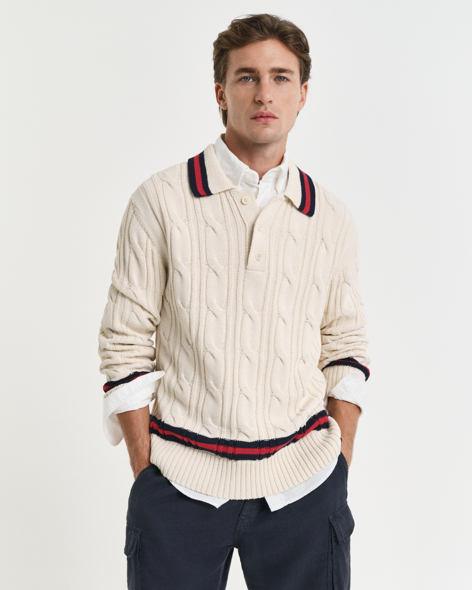 Gant Men's Cream Cable Knit Polo Sweater (L) Large