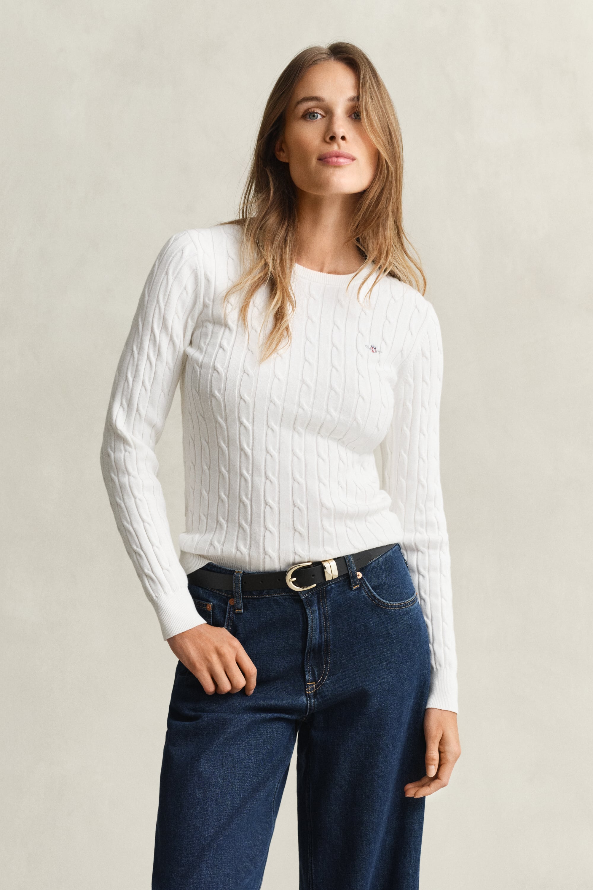 Gant Women's Off White Cable Knit Crew Neck Sweater (Xs) Eggshell