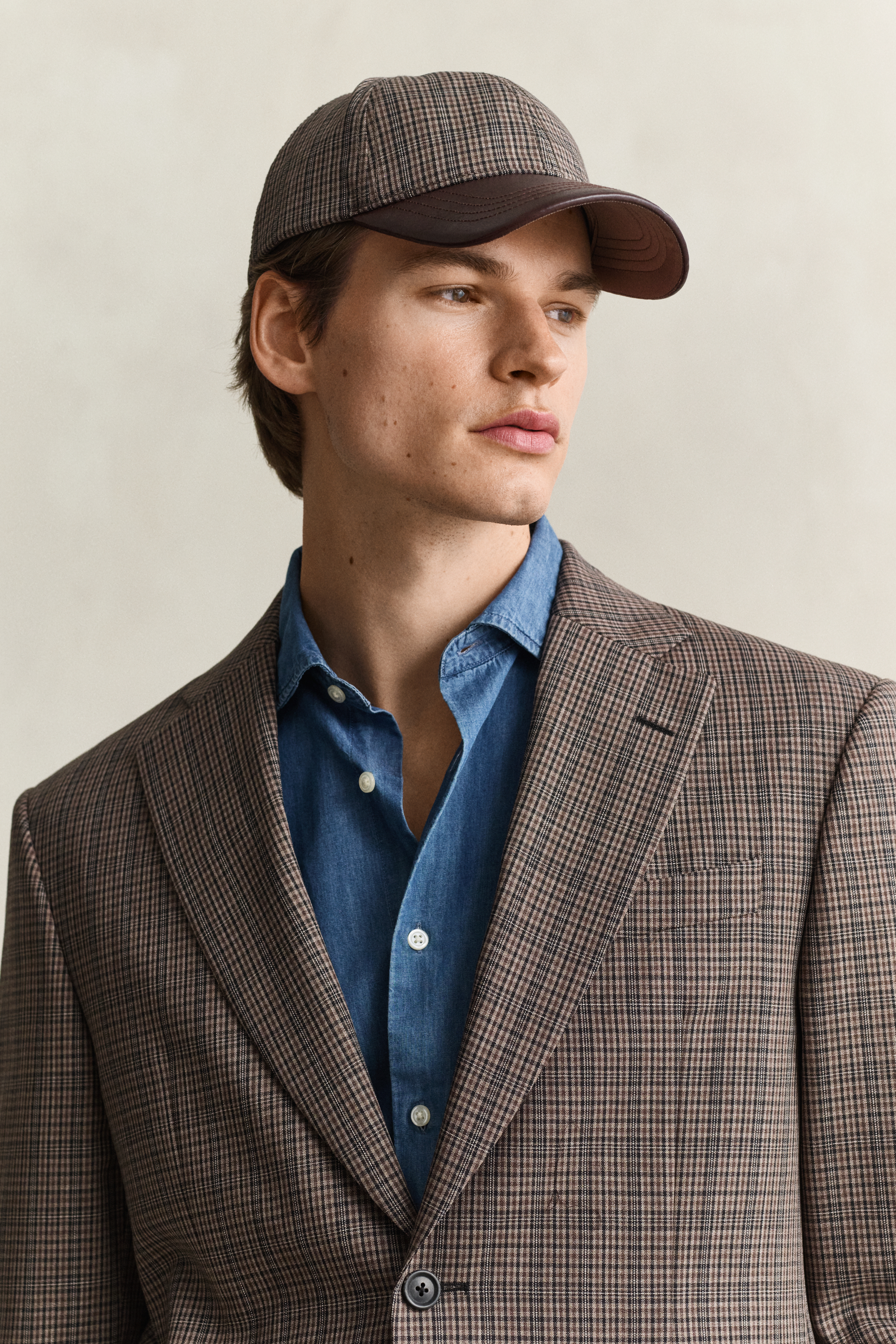 Leather Visor Checked Wool Cap DUSKY ANTHRACITE