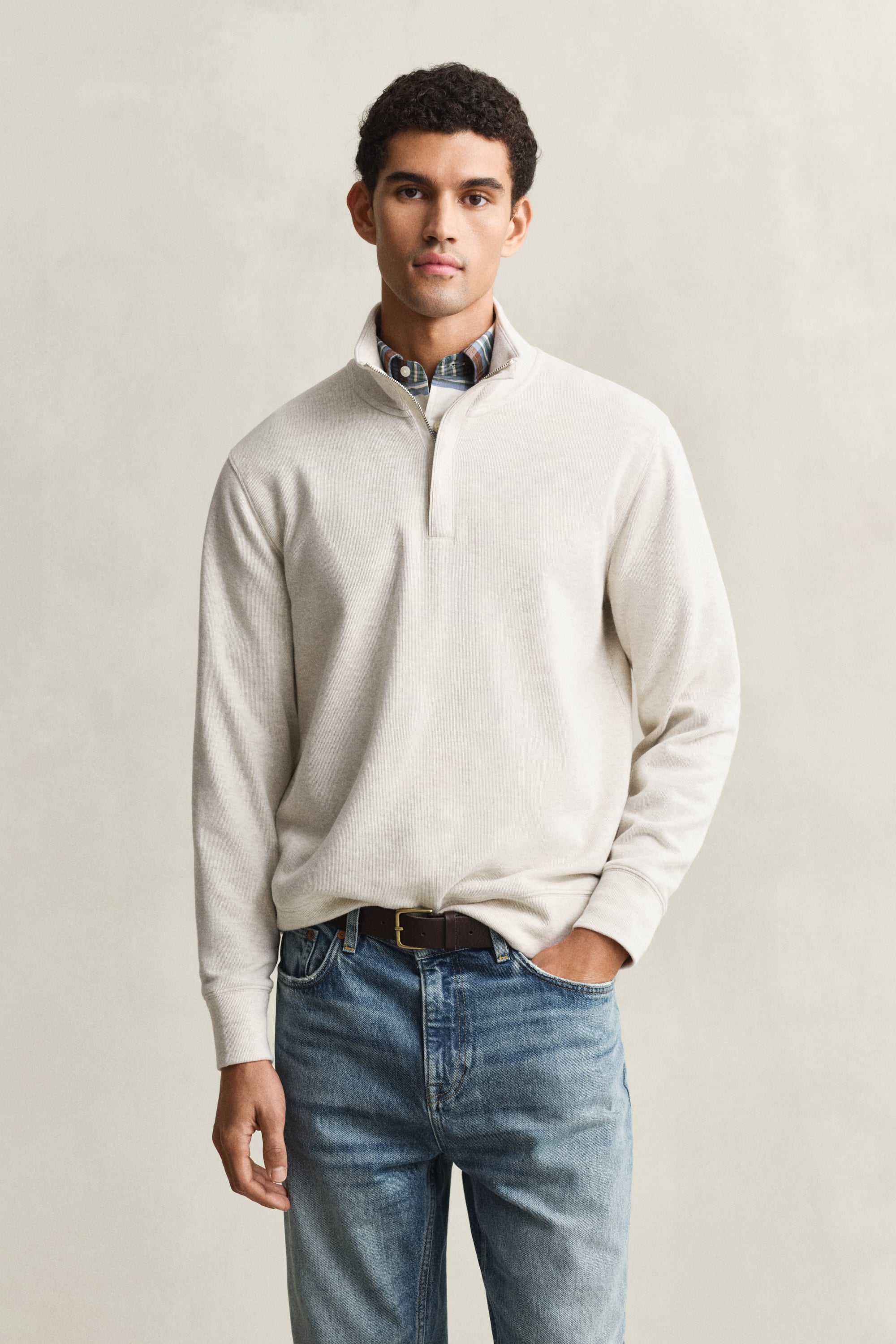 Gant Men's Beige Sacker Rib Half-Zip Sweatshirt (4Xl) Seed Melange