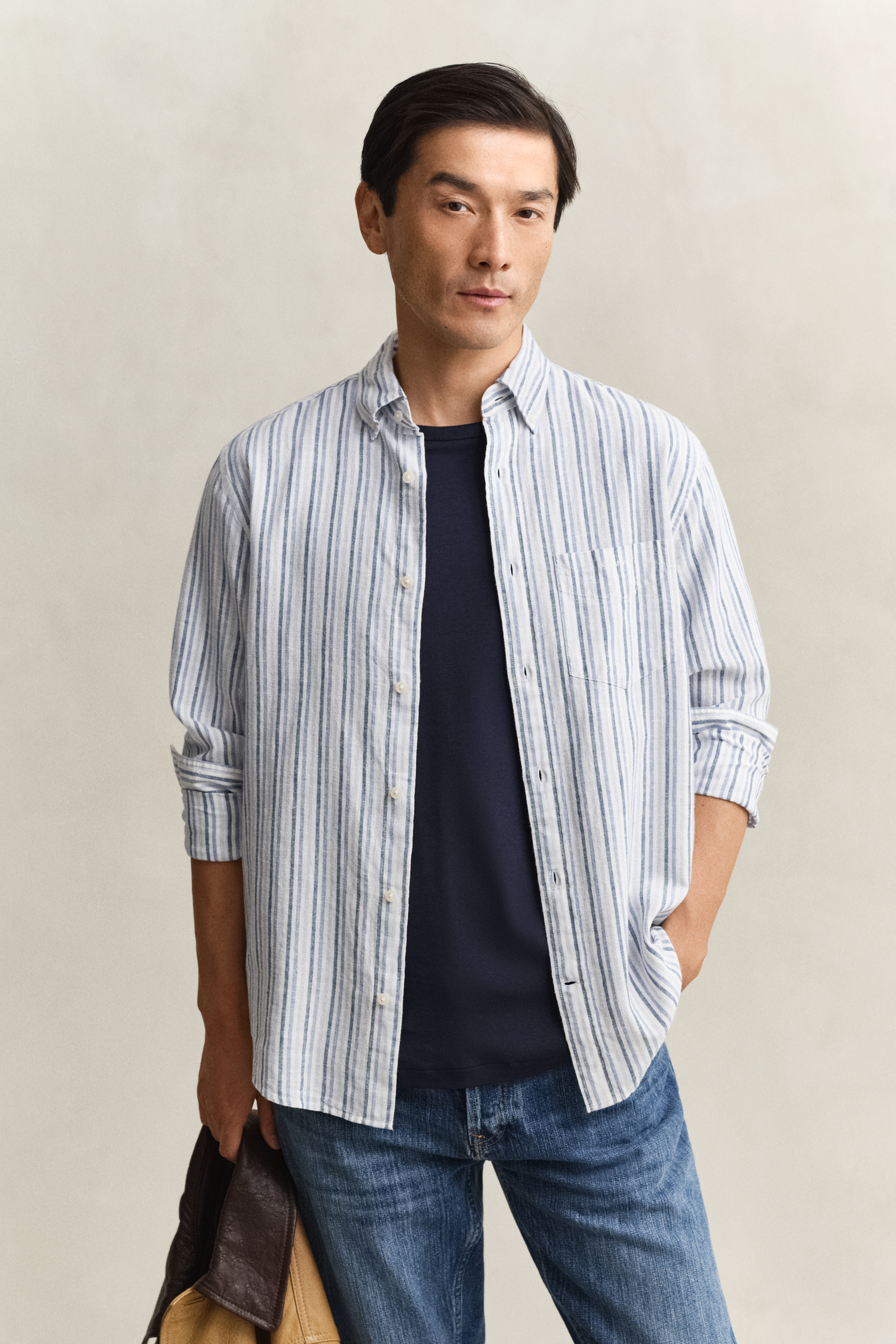 Gant Men's Vintage Blue Striped Linen Blend Shirt (Xl)
