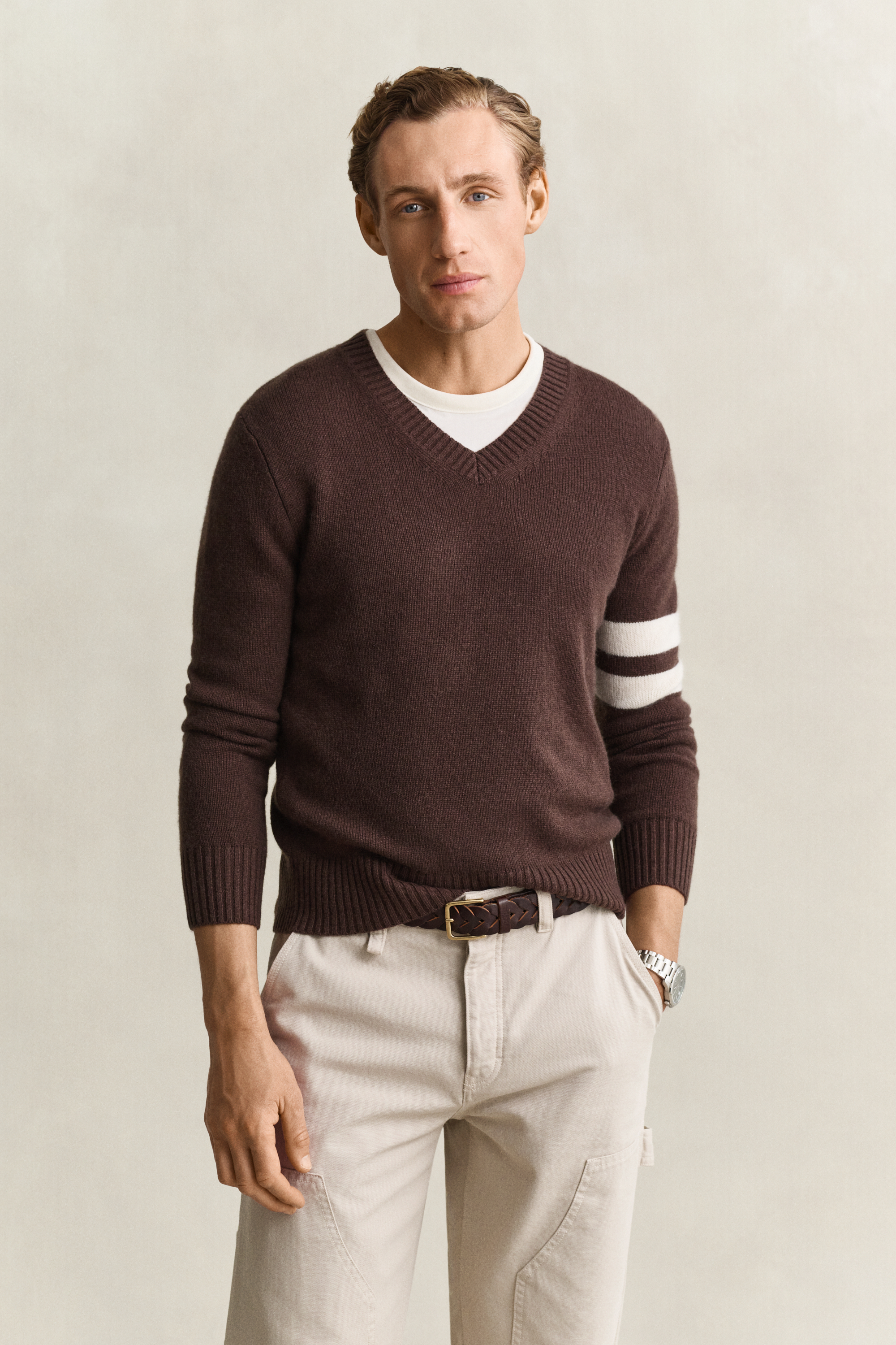 Striped Cashmere V Neck Sweater BROWN
