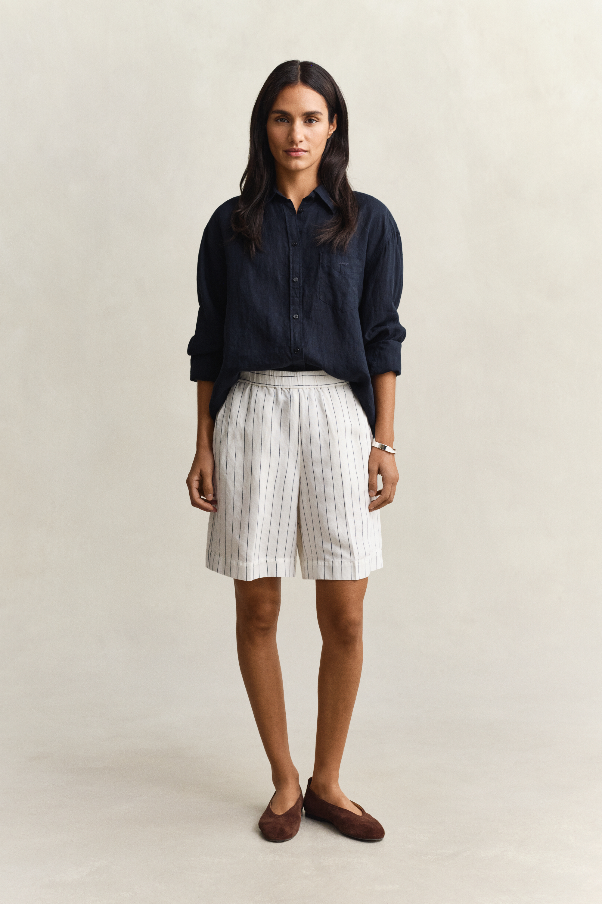 Gant Women's Off White Striped Linen Blend Shorts (44) Eggshell