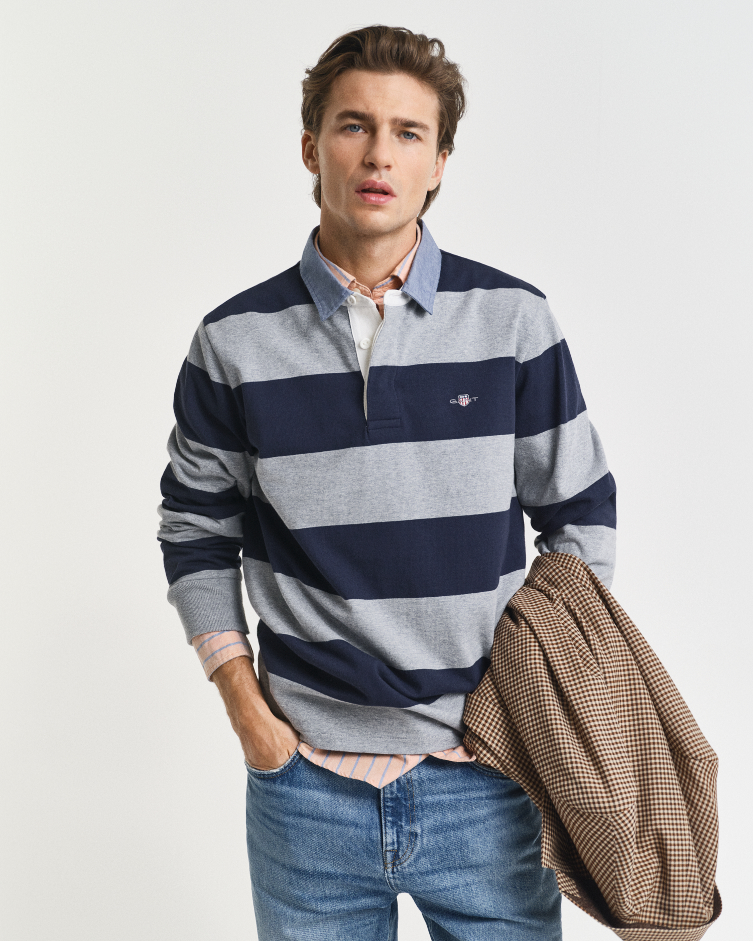 Gant Men's Grey Chambray Collar Striped Heavy Rugger ) Xxl