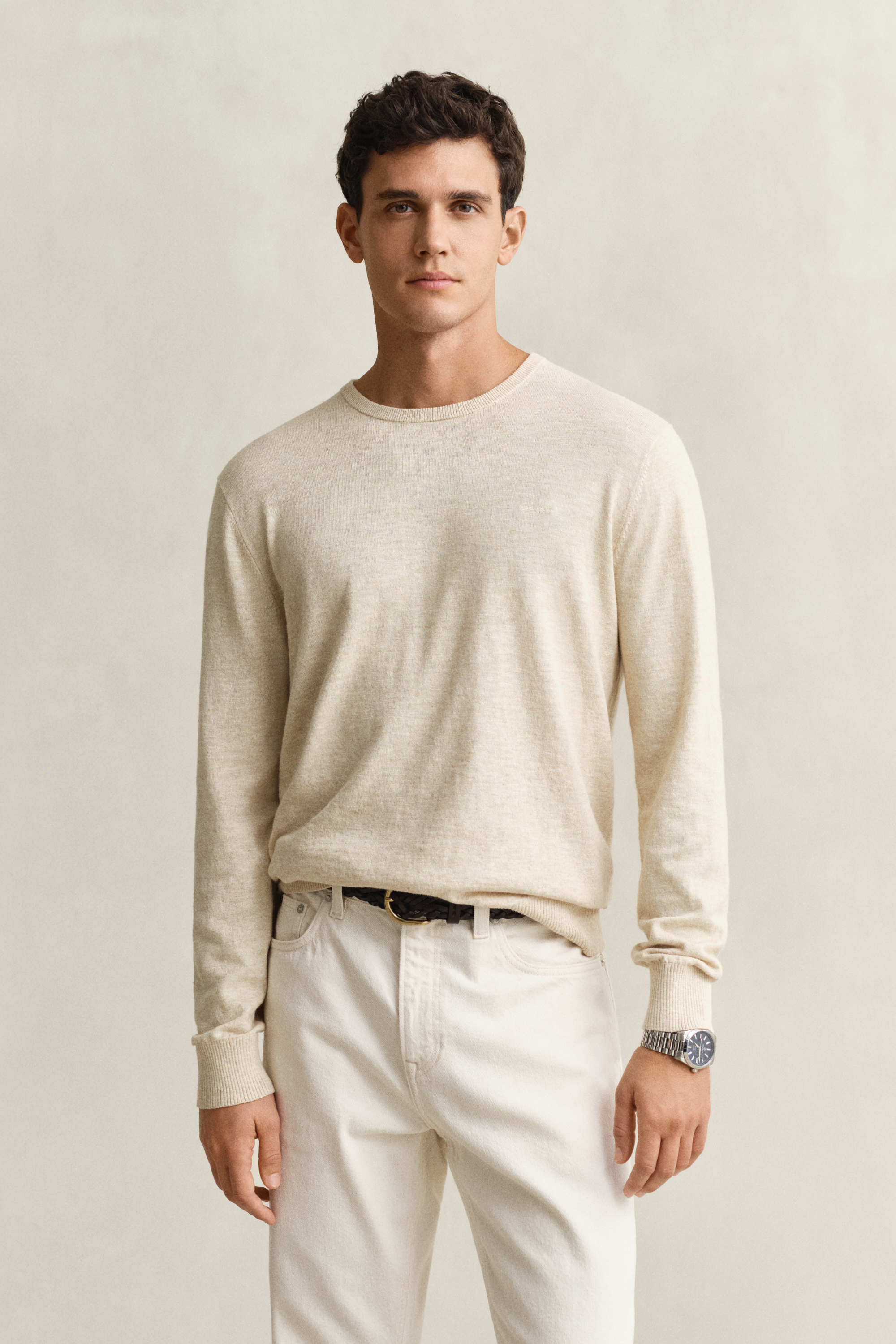 Gant Men's Beige Slub Cotton Blend Sweater (Xxxl) Seed Melange