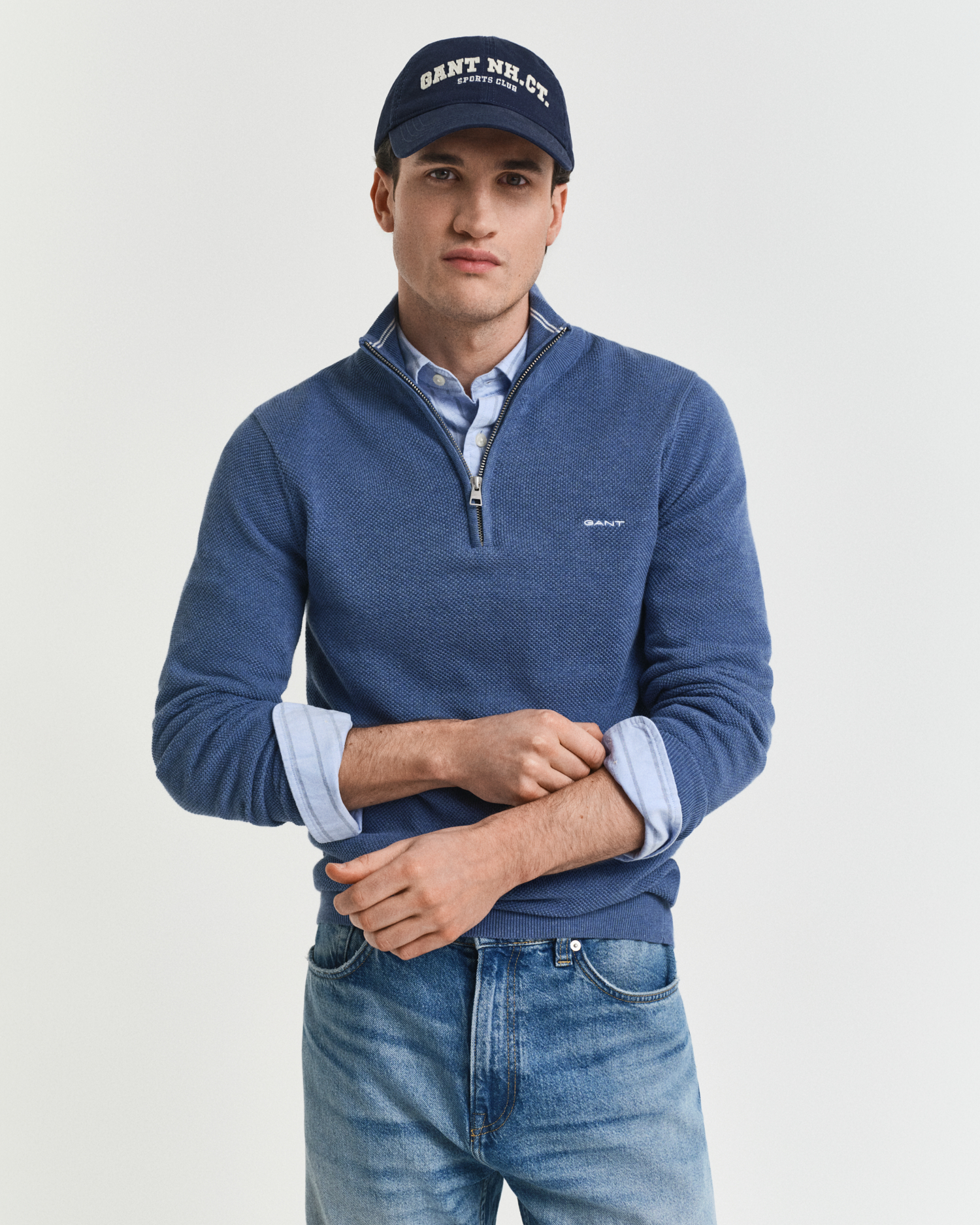 Gant Men's Blue Cotton Piqué Half-Zip Sweater (Xxxl) Denim Melange